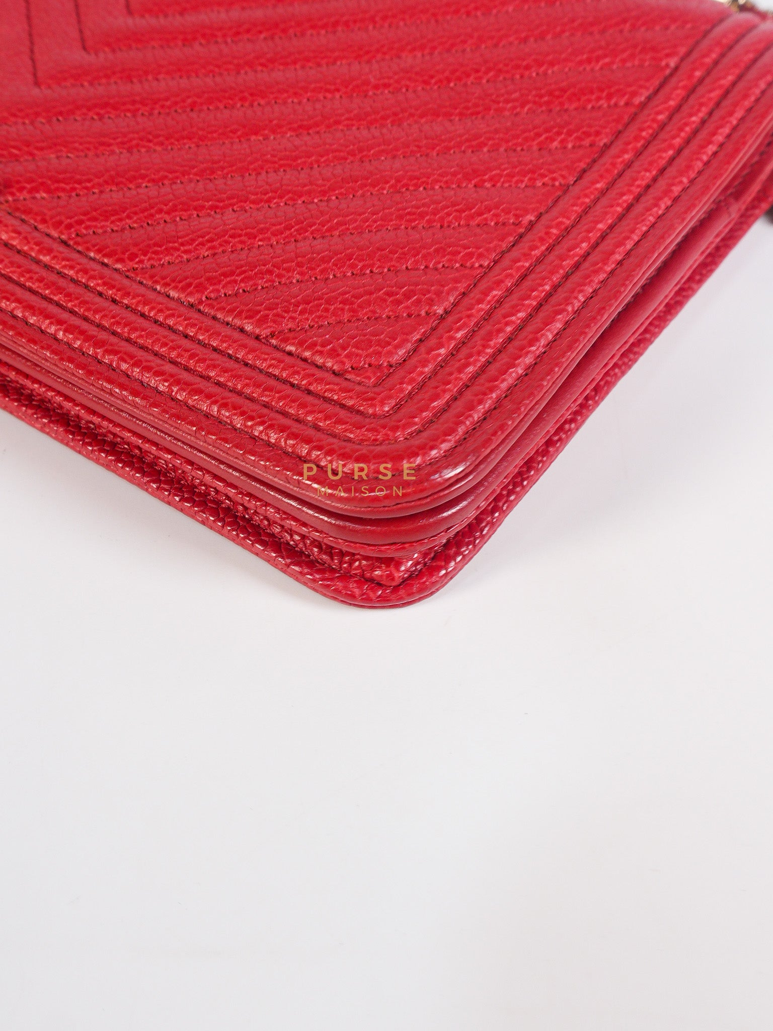 Boy Wallet on Chain in Red Chevron Caviar Leather & Light Gold Hardware Series 25 | Purse Maison Luxury Bags Shop
