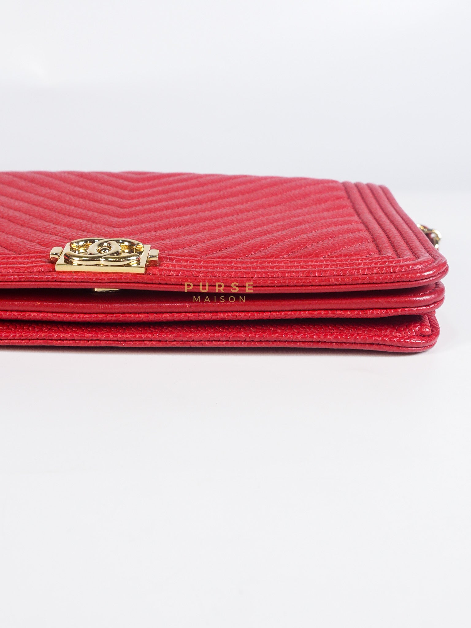 Boy Wallet on Chain in Red Chevron Caviar Leather & Light Gold Hardware Series 25 | Purse Maison Luxury Bags Shop