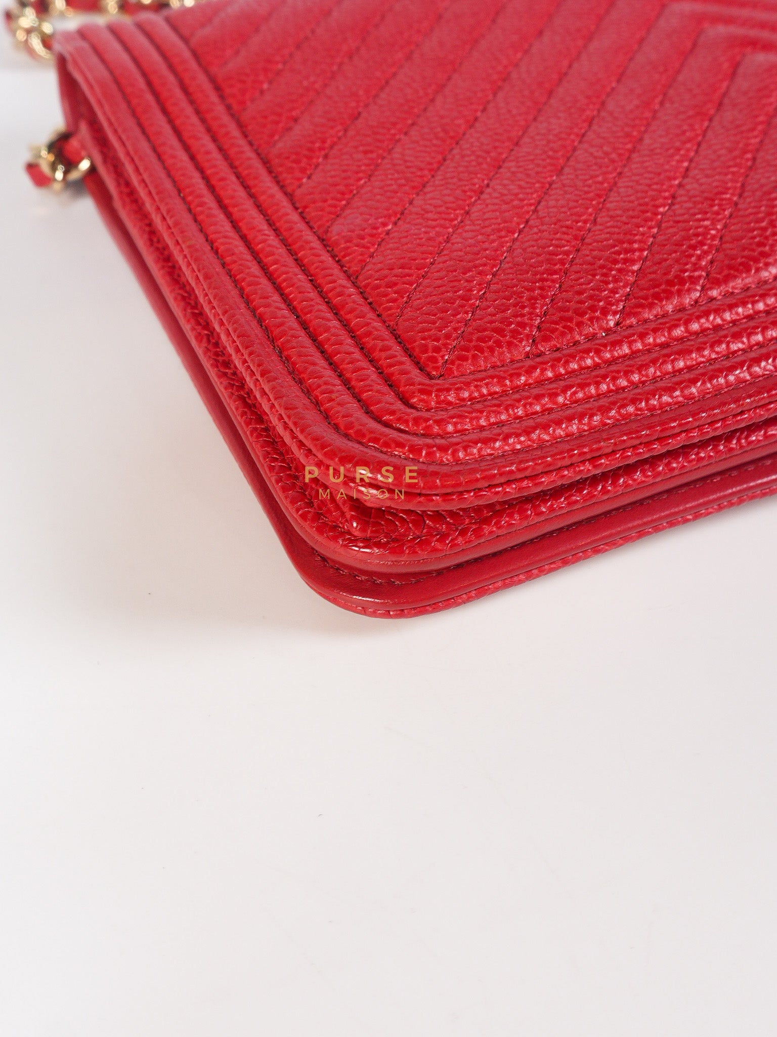 Boy Wallet on Chain in Red Chevron Caviar Leather & Light Gold Hardware Series 25 | Purse Maison Luxury Bags Shop