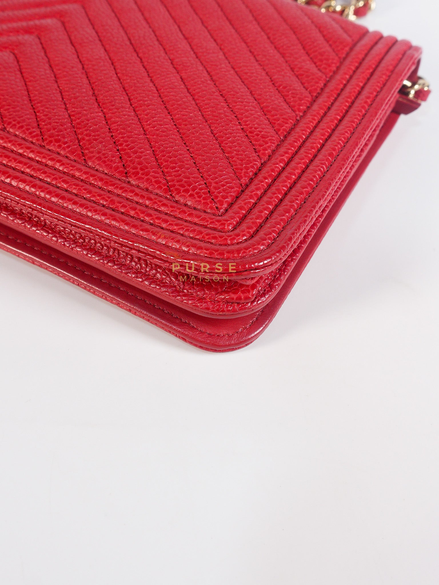 Boy Wallet on Chain in Red Chevron Caviar Leather & Light Gold Hardware Series 25 | Purse Maison Luxury Bags Shop