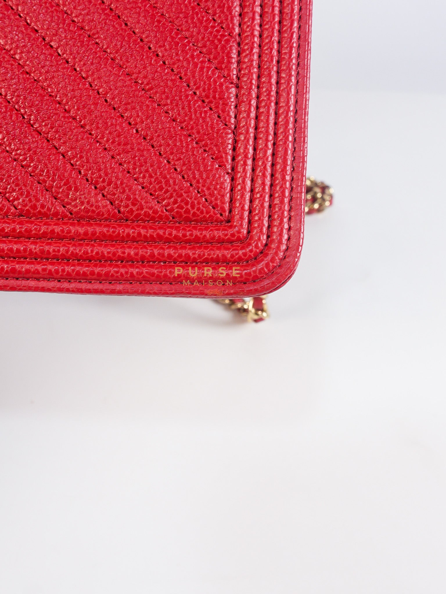Boy Wallet on Chain in Red Chevron Caviar Leather & Light Gold Hardware Series 25 | Purse Maison Luxury Bags Shop