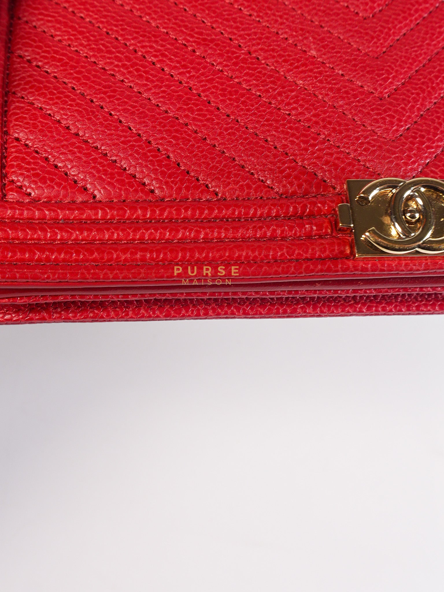 Boy Wallet on Chain in Red Chevron Caviar Leather & Light Gold Hardware Series 25 | Purse Maison Luxury Bags Shop