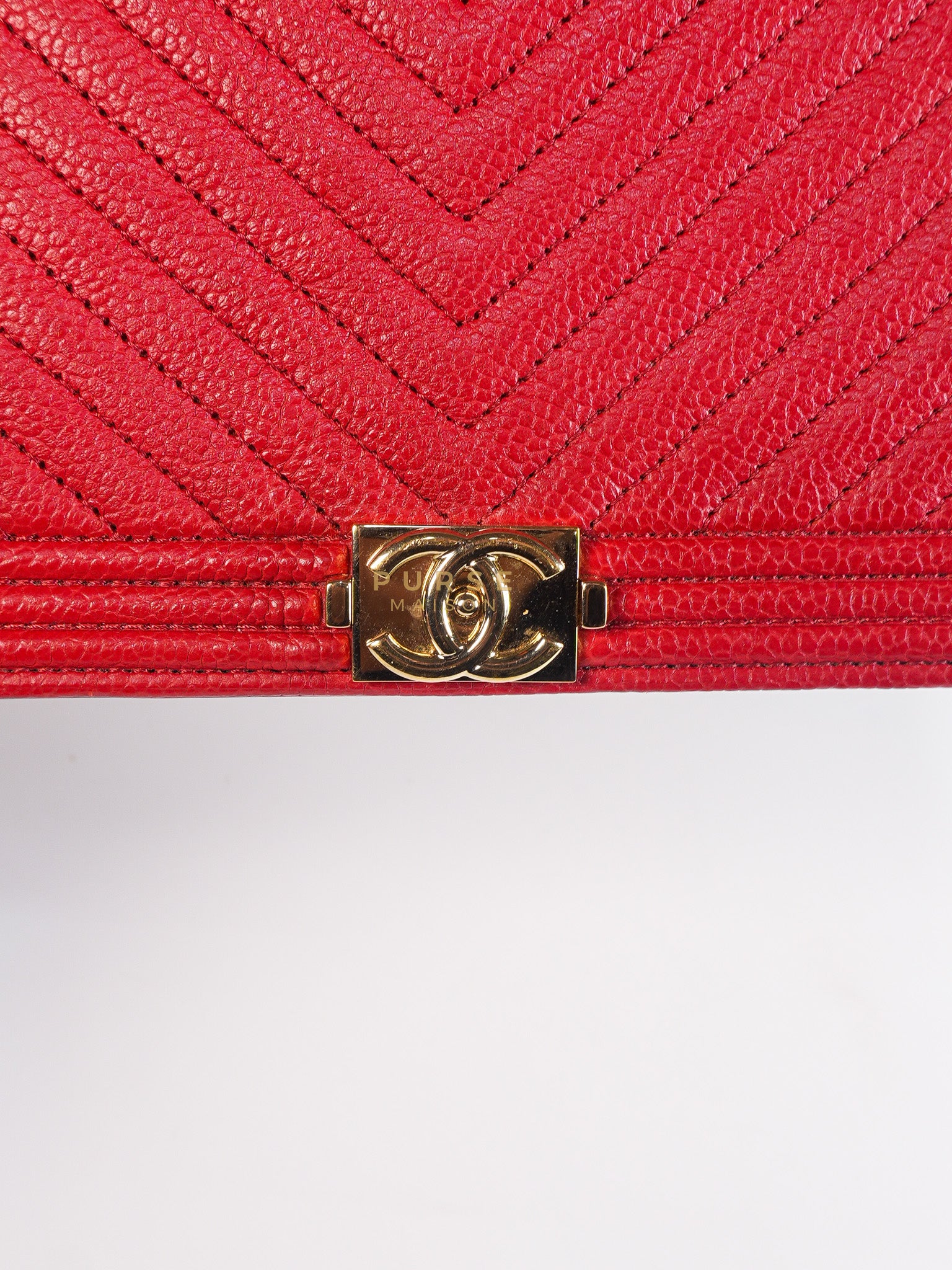 Boy Wallet on Chain in Red Chevron Caviar Leather & Light Gold Hardware Series 25 | Purse Maison Luxury Bags Shop