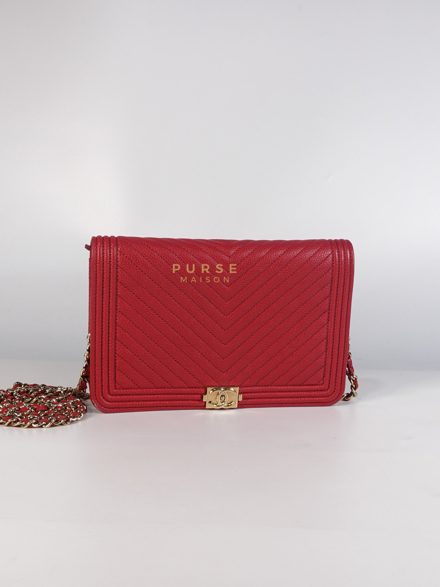 Boy Wallet on Chain in Red Chevron Caviar Leather & Light Gold Hardware Series 25 | Purse Maison Luxury Bags Shop