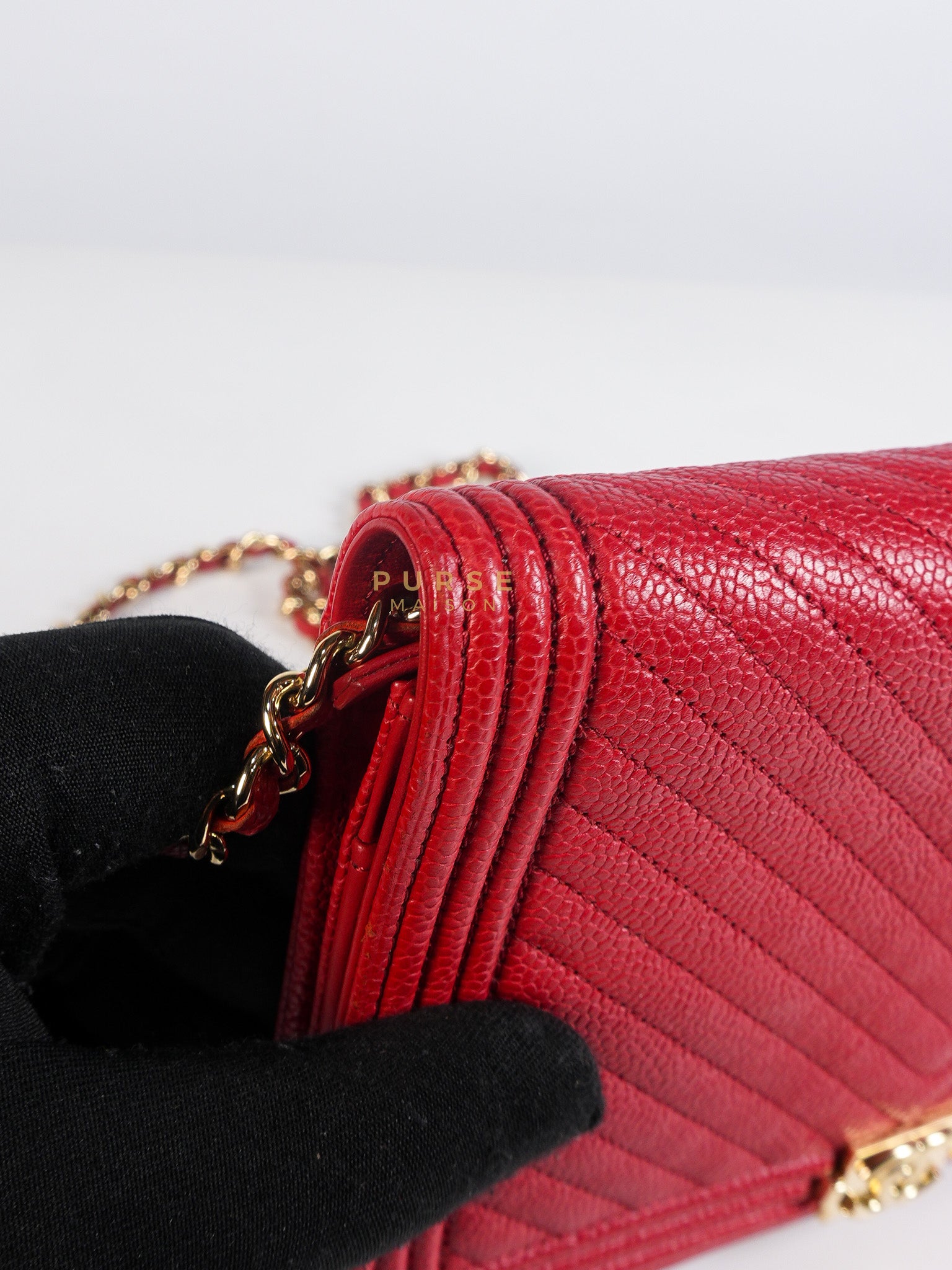 Boy Wallet on Chain in Red Chevron Caviar Leather & Light Gold Hardware Series 25 | Purse Maison Luxury Bags Shop