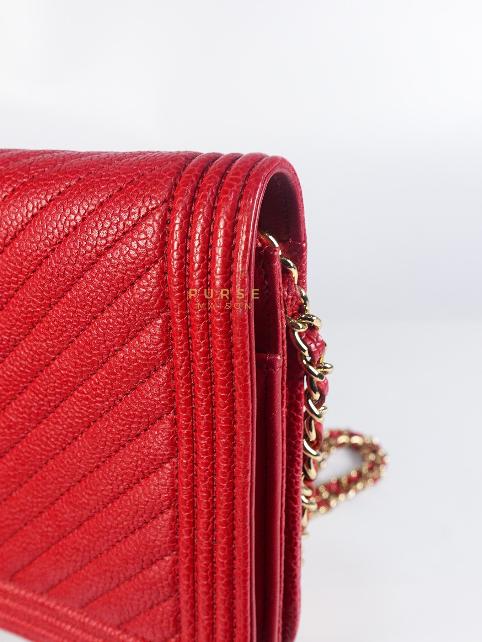 Boy Wallet on Chain in Red Chevron Caviar Leather & Light Gold Hardware Series 25 | Purse Maison Luxury Bags Shop