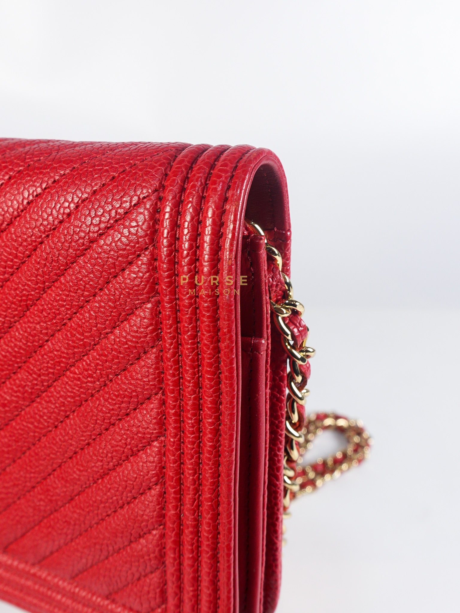 Boy Wallet on Chain in Red Chevron Caviar Leather & Light Gold Hardware Series 25 | Purse Maison Luxury Bags Shop