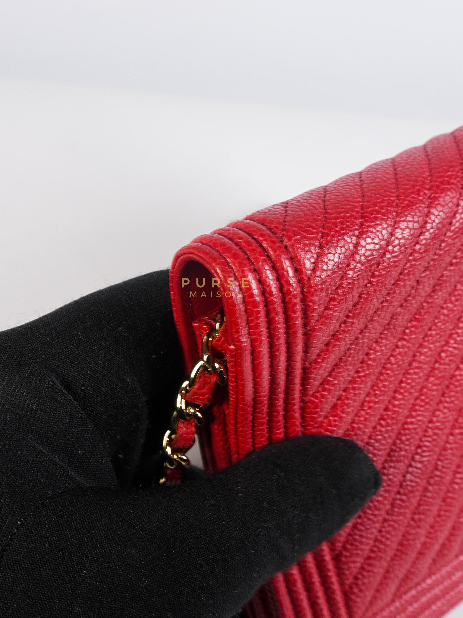 Boy Wallet on Chain in Red Chevron Caviar Leather & Light Gold Hardware Series 25 | Purse Maison Luxury Bags Shop