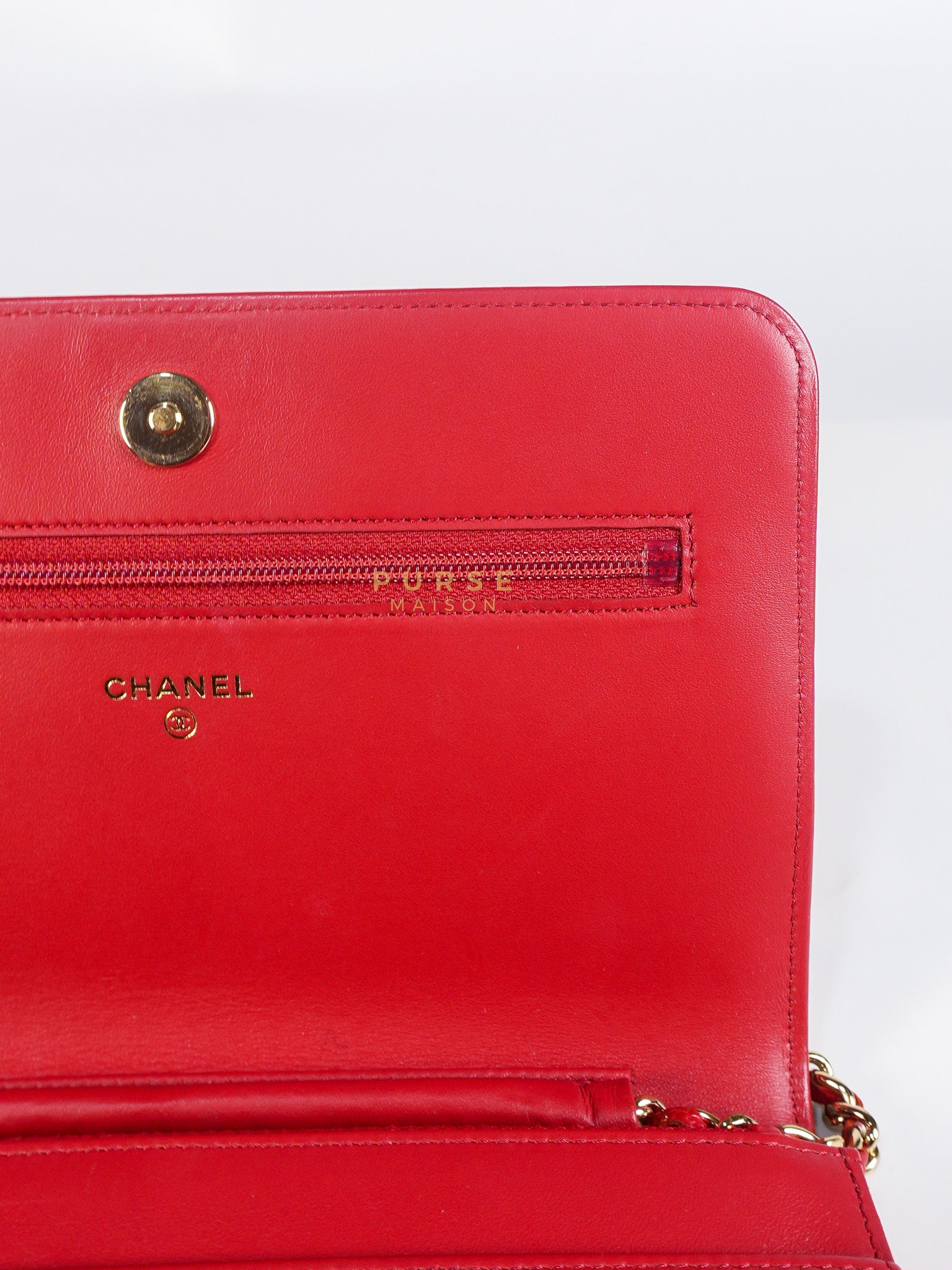Boy Wallet on Chain in Red Chevron Caviar Leather & Light Gold Hardware Series 25 | Purse Maison Luxury Bags Shop