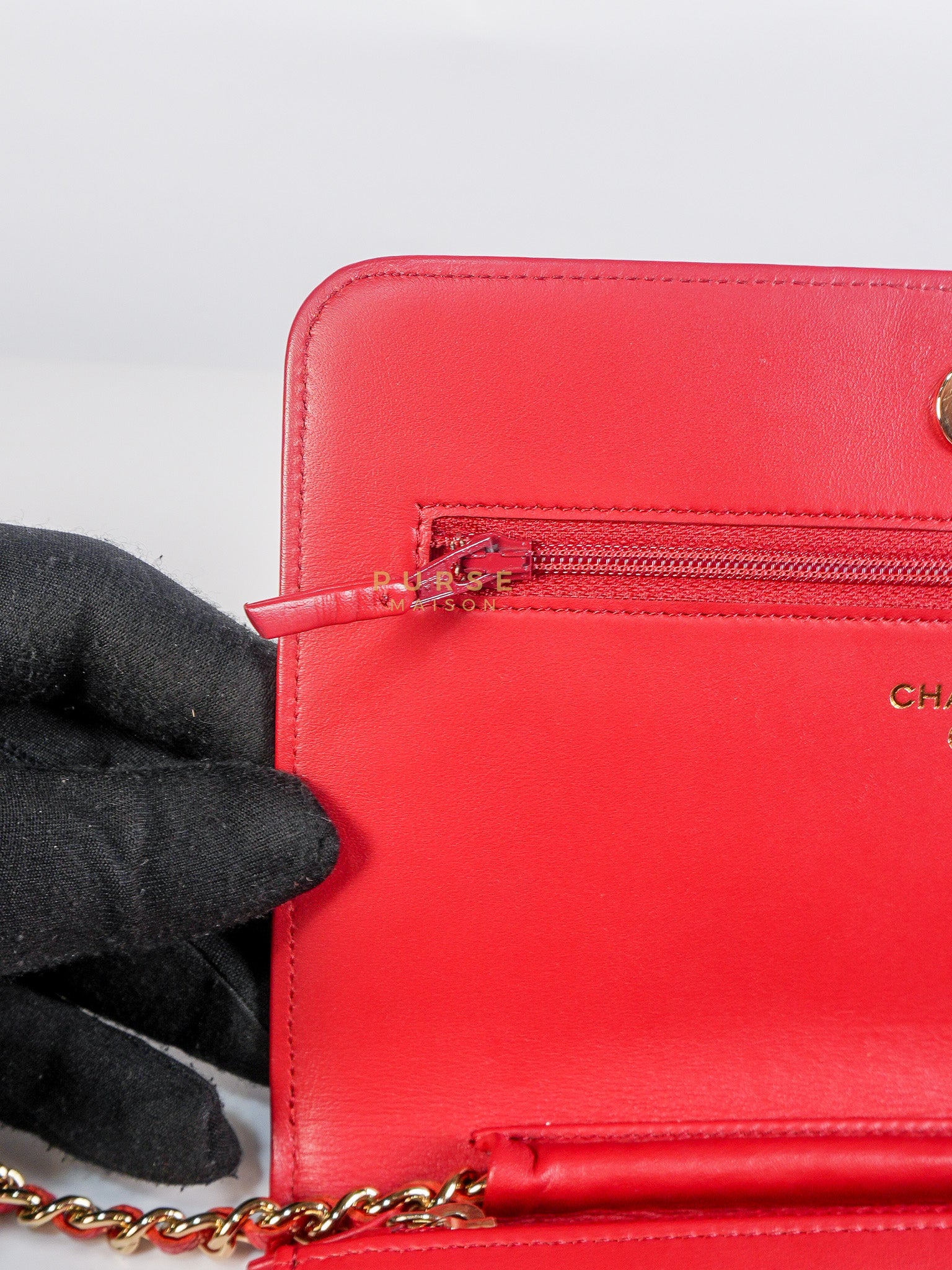 Boy Wallet on Chain in Red Chevron Caviar Leather & Light Gold Hardware Series 25 | Purse Maison Luxury Bags Shop