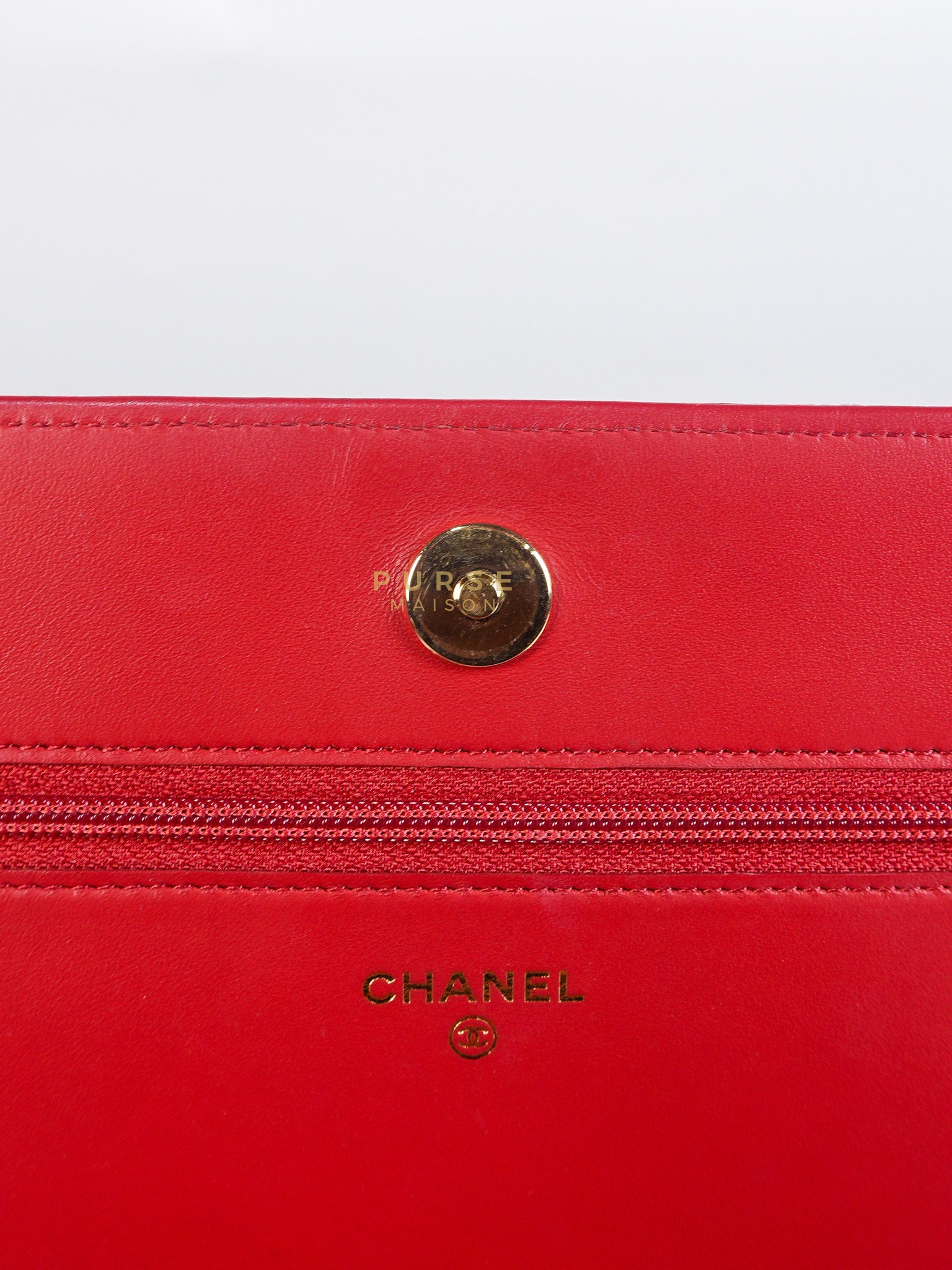 Boy Wallet on Chain in Red Chevron Caviar Leather & Light Gold Hardware Series 25 | Purse Maison Luxury Bags Shop