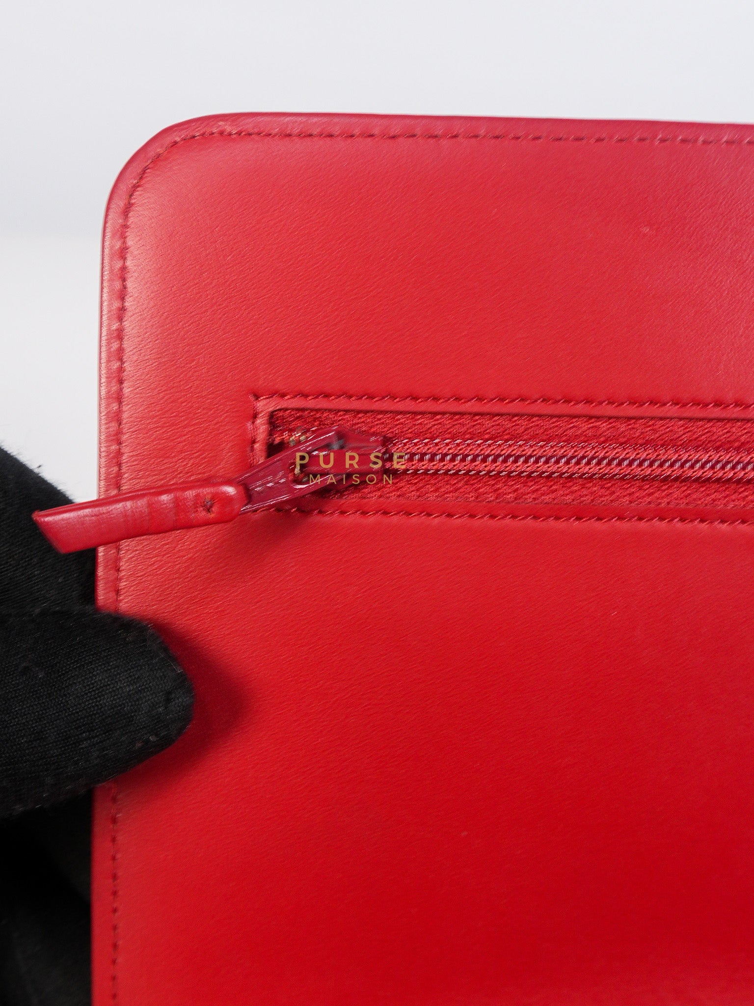 Boy Wallet on Chain in Red Chevron Caviar Leather & Light Gold Hardware Series 25 | Purse Maison Luxury Bags Shop