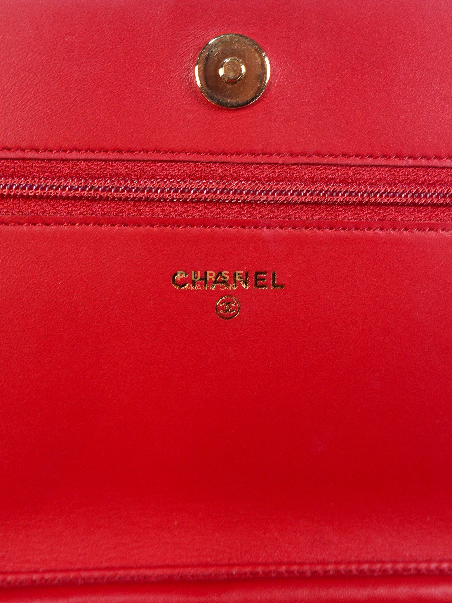 Boy Wallet on Chain in Red Chevron Caviar Leather & Light Gold Hardware Series 25 | Purse Maison Luxury Bags Shop