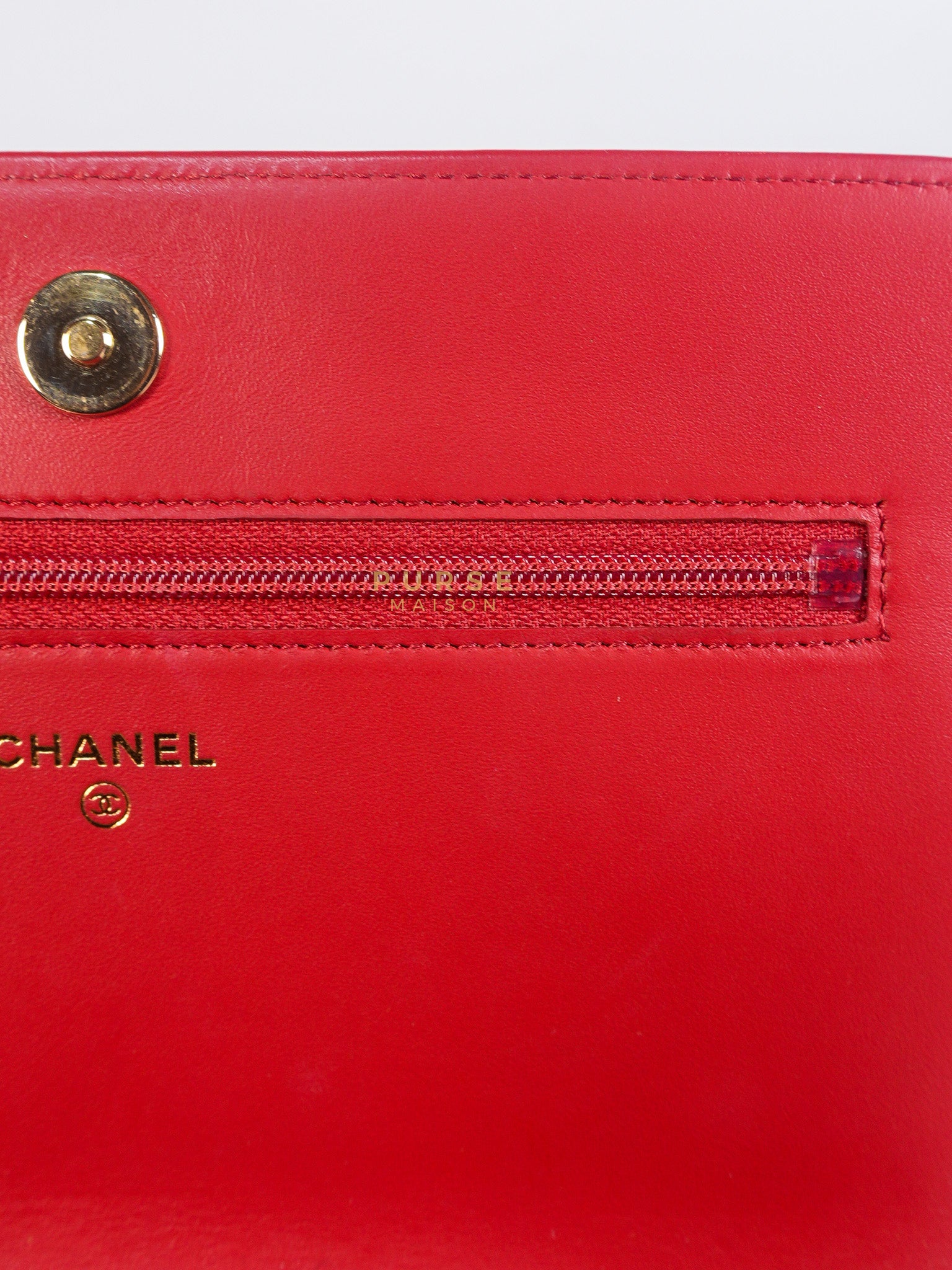 Boy Wallet on Chain in Red Chevron Caviar Leather & Light Gold Hardware Series 25 | Purse Maison Luxury Bags Shop