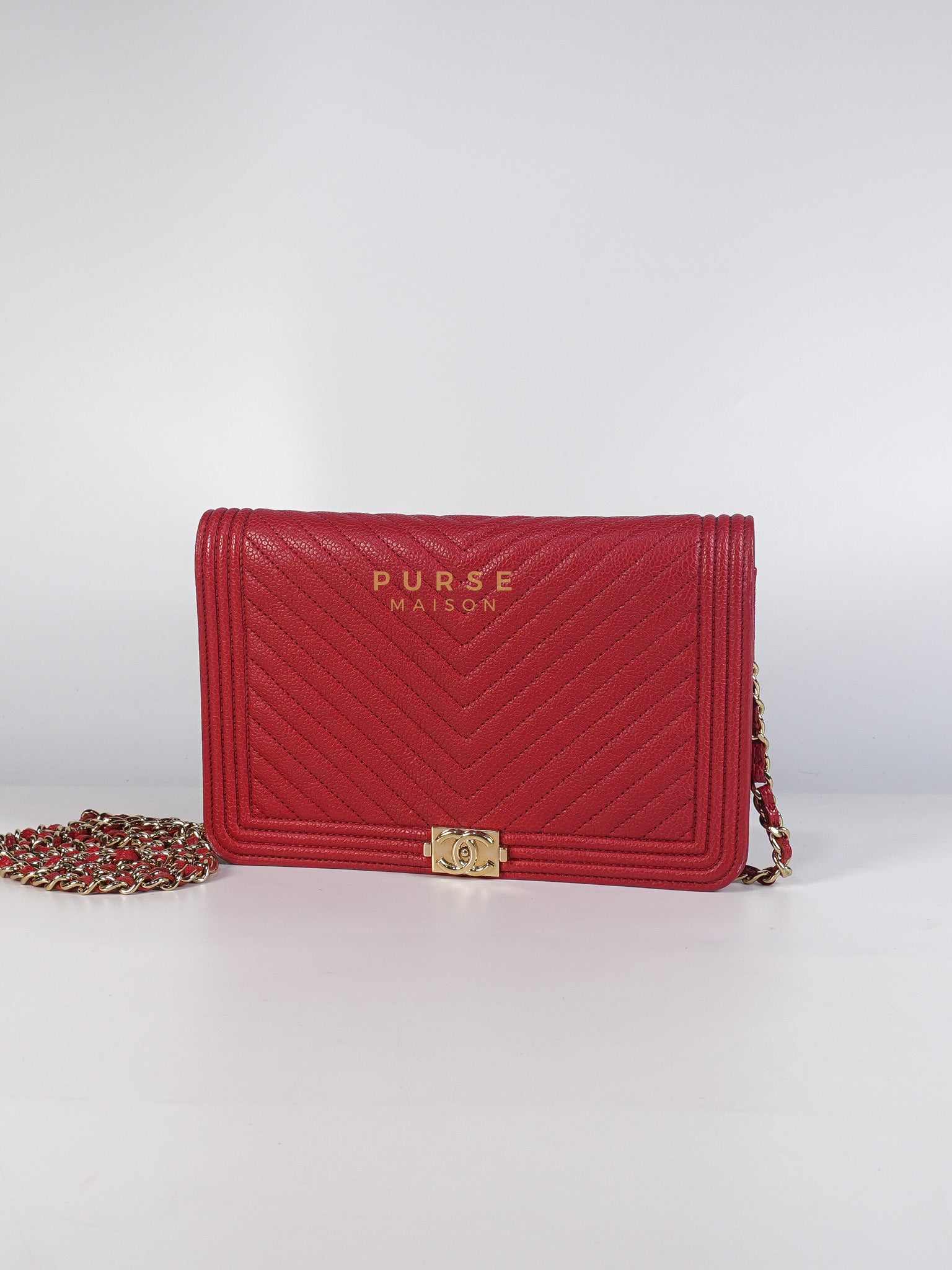 Boy Wallet on Chain in Red Chevron Caviar Leather & Light Gold Hardware Series 25 | Purse Maison Luxury Bags Shop