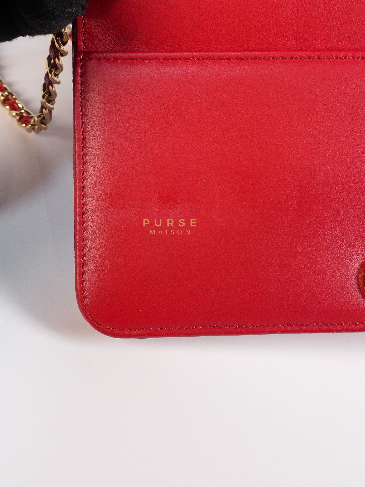 Boy Wallet on Chain in Red Chevron Caviar Leather & Light Gold Hardware Series 25 | Purse Maison Luxury Bags Shop