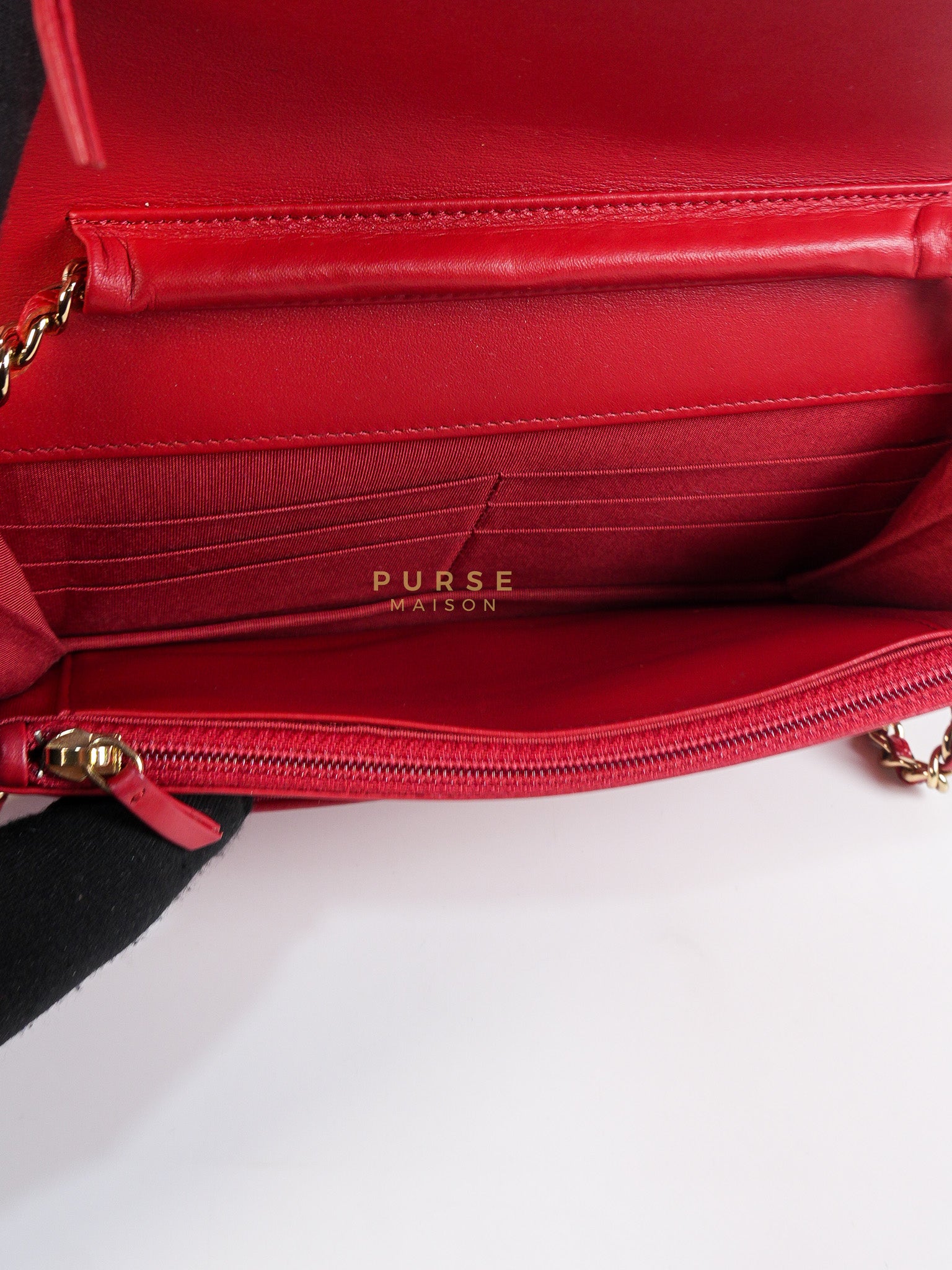 Boy Wallet on Chain in Red Chevron Caviar Leather & Light Gold Hardware Series 25 | Purse Maison Luxury Bags Shop