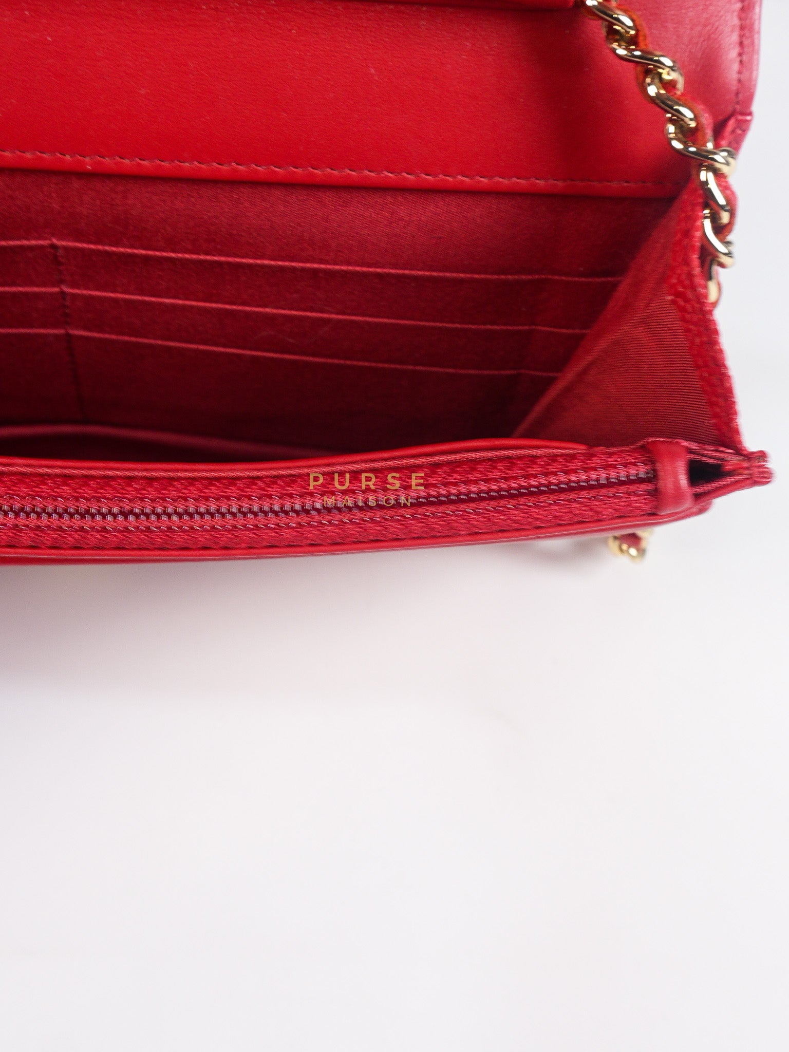 Boy Wallet on Chain in Red Chevron Caviar Leather & Light Gold Hardware Series 25 | Purse Maison Luxury Bags Shop