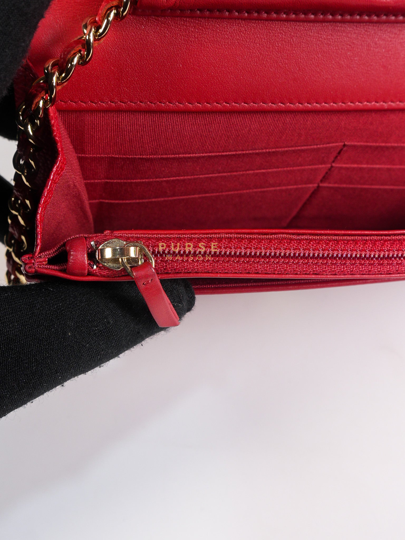 Boy Wallet on Chain in Red Chevron Caviar Leather & Light Gold Hardware Series 25 | Purse Maison Luxury Bags Shop