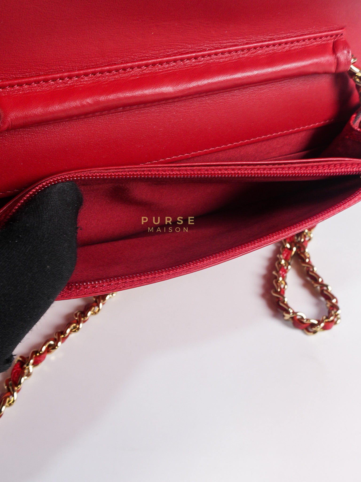 Boy Wallet on Chain in Red Chevron Caviar Leather & Light Gold Hardware Series 25 | Purse Maison Luxury Bags Shop