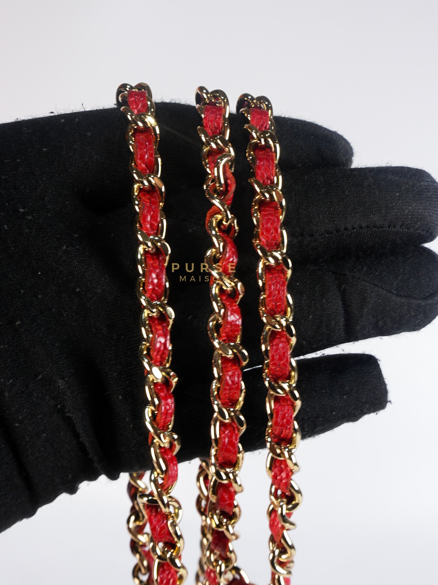 Boy Wallet on Chain in Red Chevron Caviar Leather & Light Gold Hardware Series 25 | Purse Maison Luxury Bags Shop