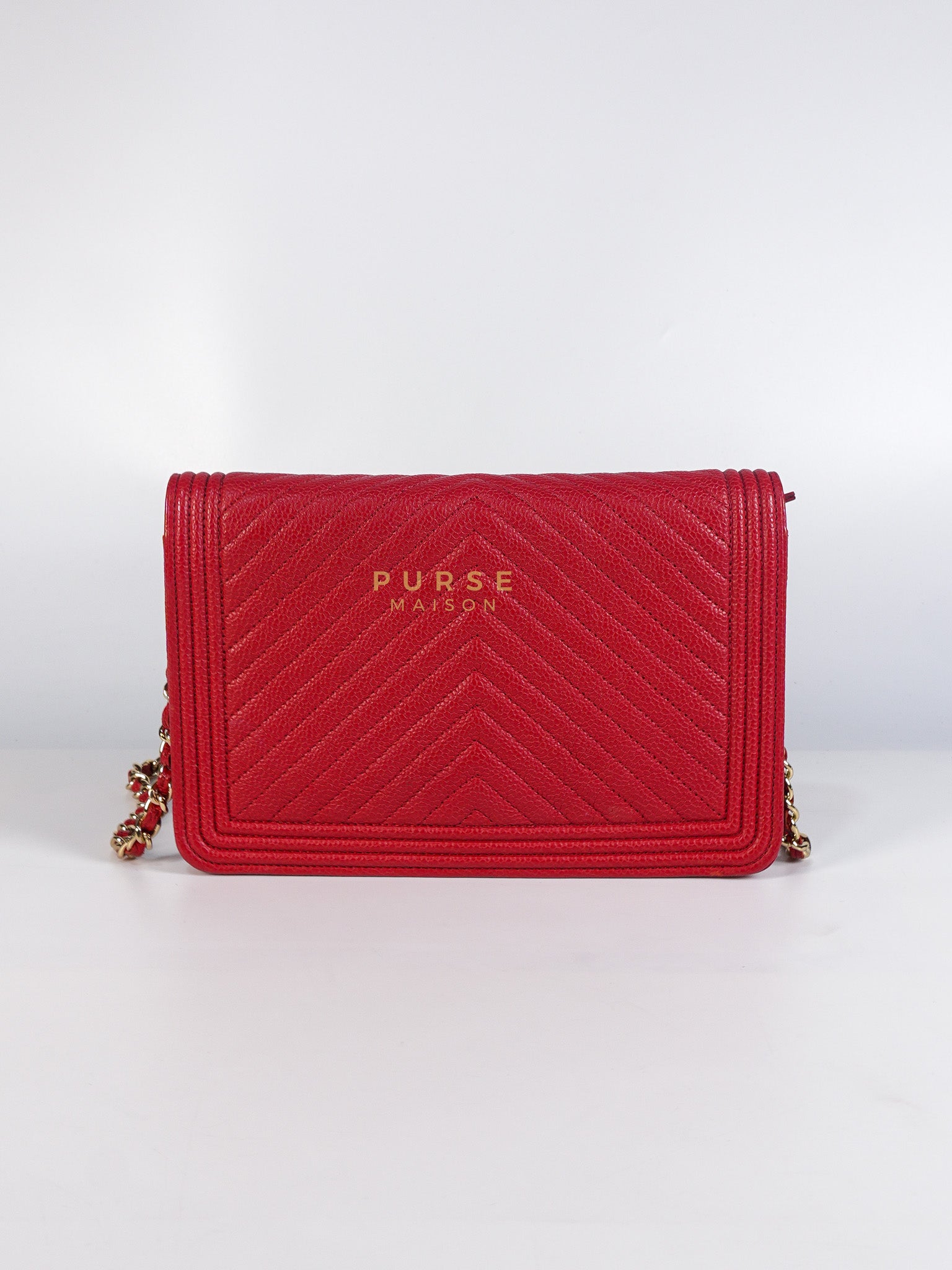 Boy Wallet on Chain in Red Chevron Caviar Leather & Light Gold Hardware Series 25 | Purse Maison Luxury Bags Shop