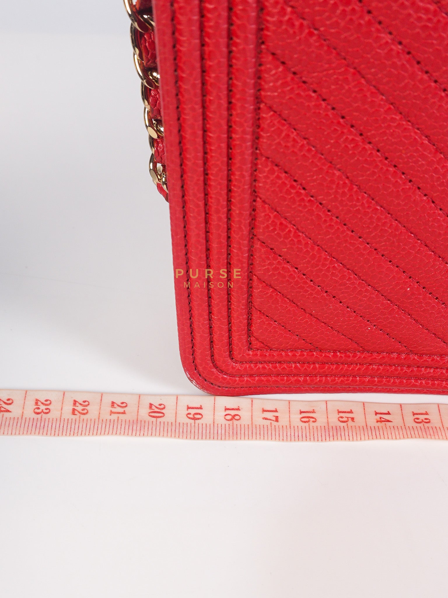 Boy Wallet on Chain in Red Chevron Caviar Leather & Light Gold Hardware Series 25 | Purse Maison Luxury Bags Shop