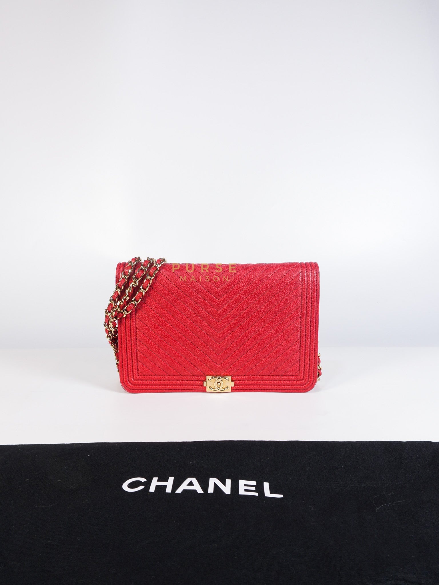 Boy Wallet on Chain in Red Chevron Caviar Leather & Light Gold Hardware Series 25 | Purse Maison Luxury Bags Shop