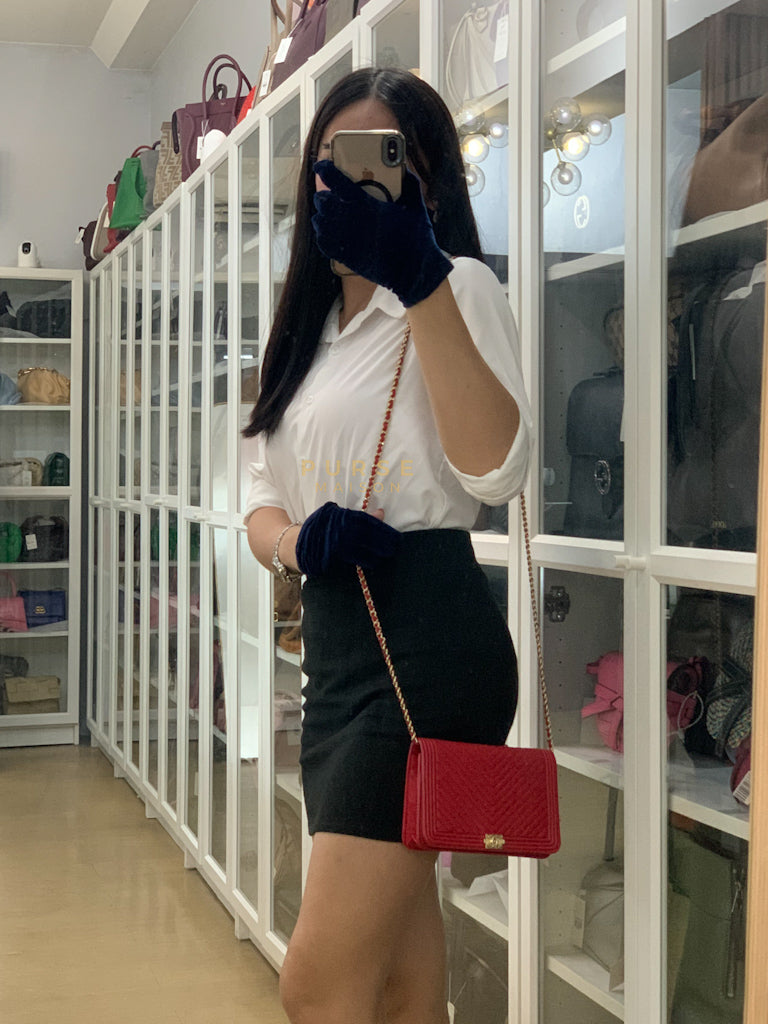 Boy Wallet on Chain in Red Chevron Caviar Leather & Light Gold Hardware Series 25 | Purse Maison Luxury Bags Shop