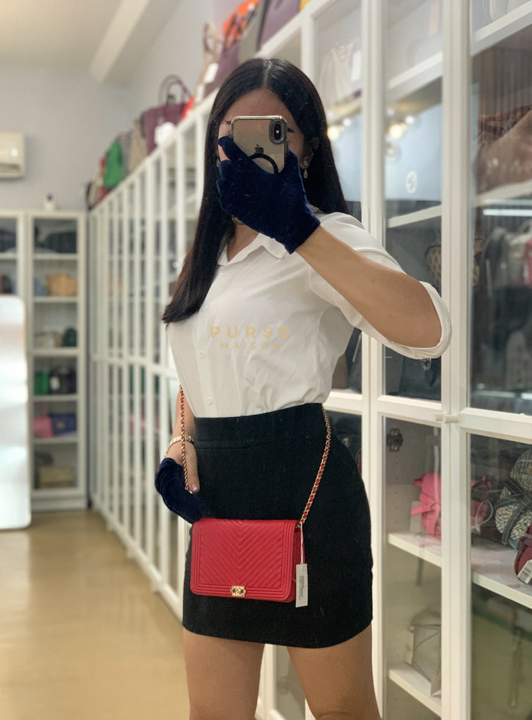 Boy Wallet on Chain in Red Chevron Caviar Leather & Light Gold Hardware Series 25 | Purse Maison Luxury Bags Shop