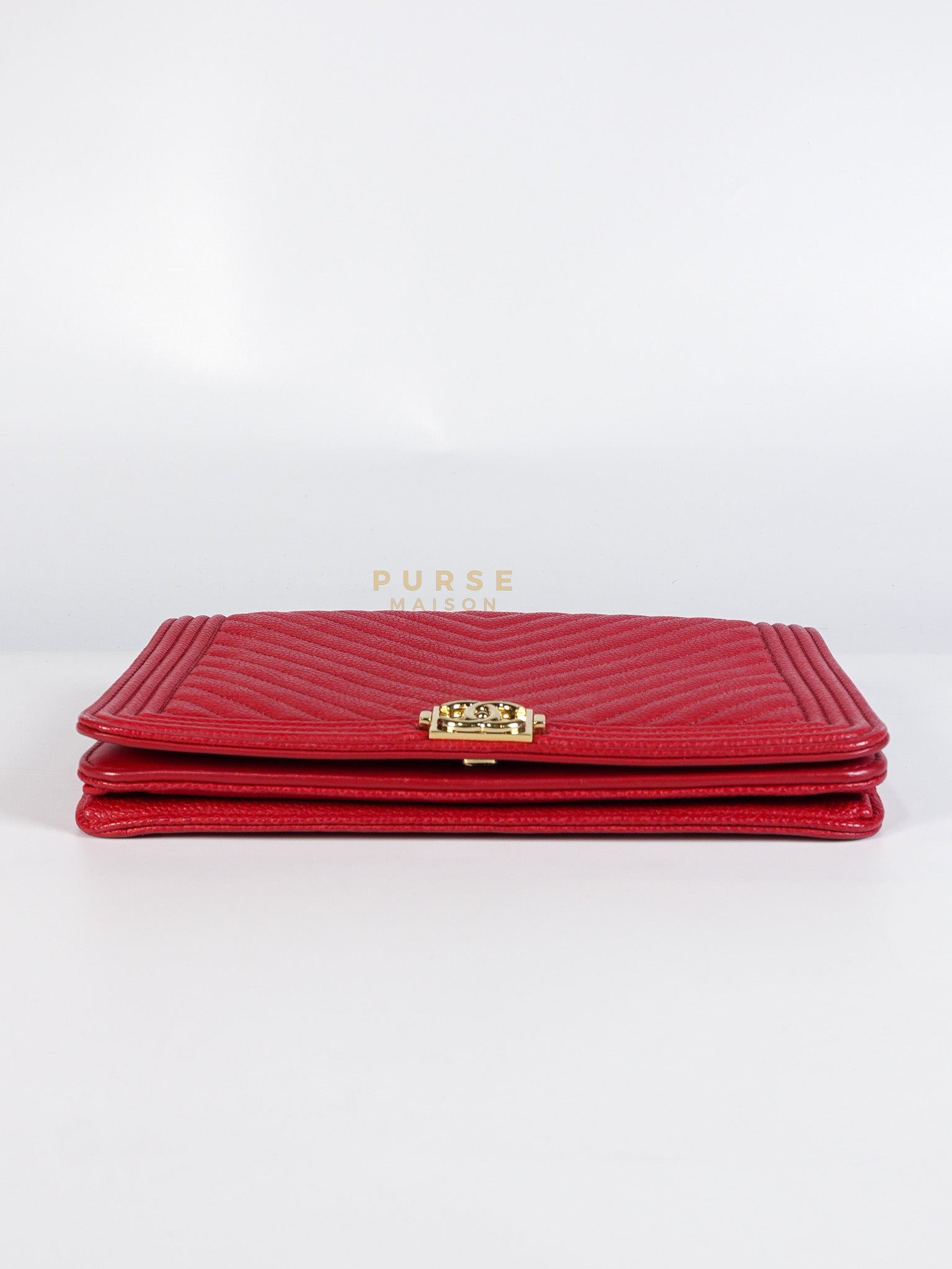 Boy Wallet on Chain in Red Chevron Caviar Leather & Light Gold Hardware Series 25 | Purse Maison Luxury Bags Shop