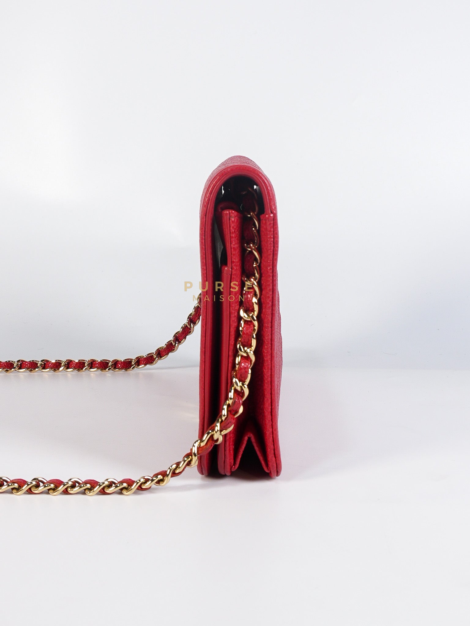 Boy Wallet on Chain in Red Chevron Caviar Leather & Light Gold Hardware Series 25 | Purse Maison Luxury Bags Shop