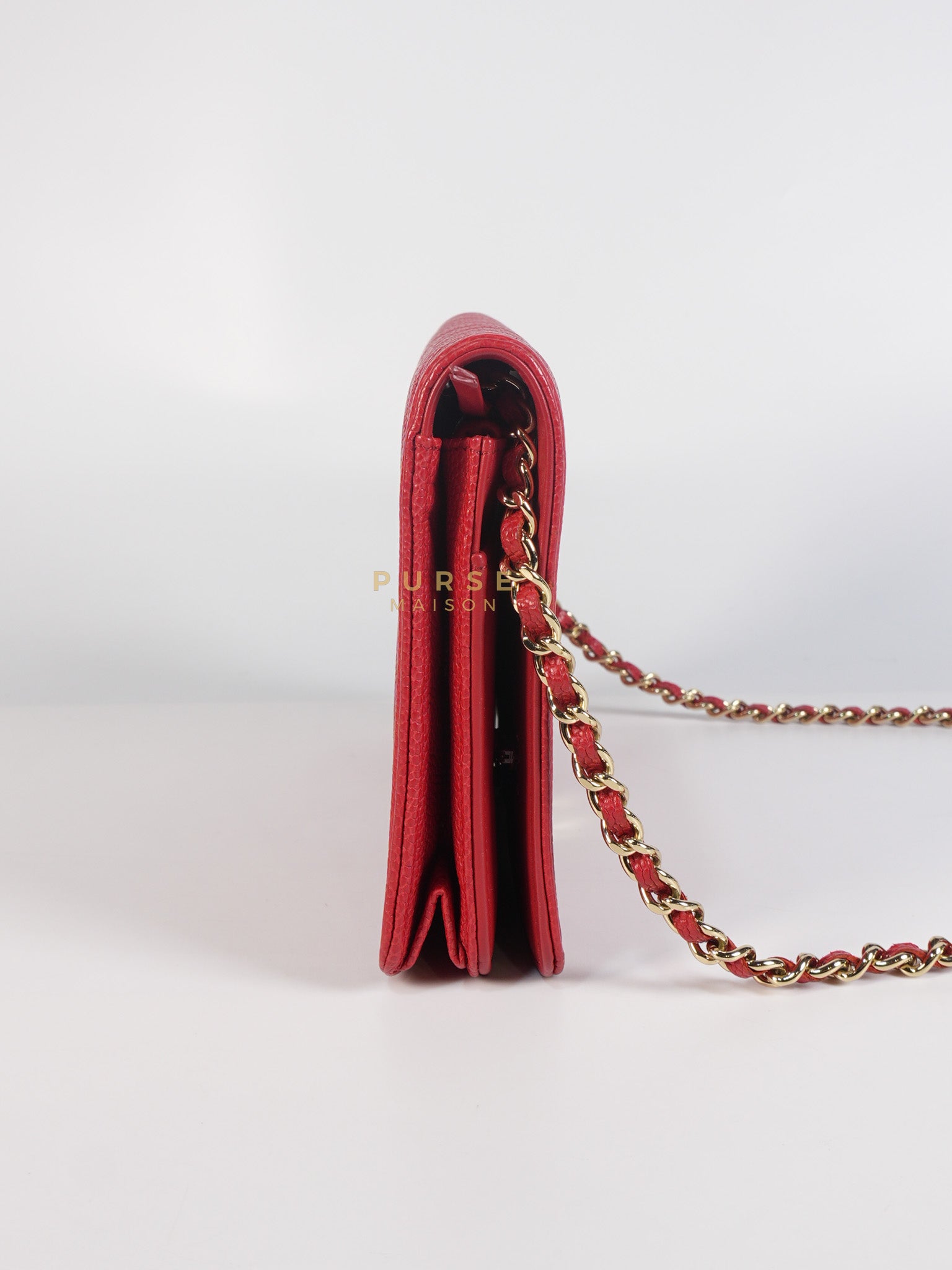 Boy Wallet on Chain in Red Chevron Caviar Leather & Light Gold Hardware Series 25 | Purse Maison Luxury Bags Shop