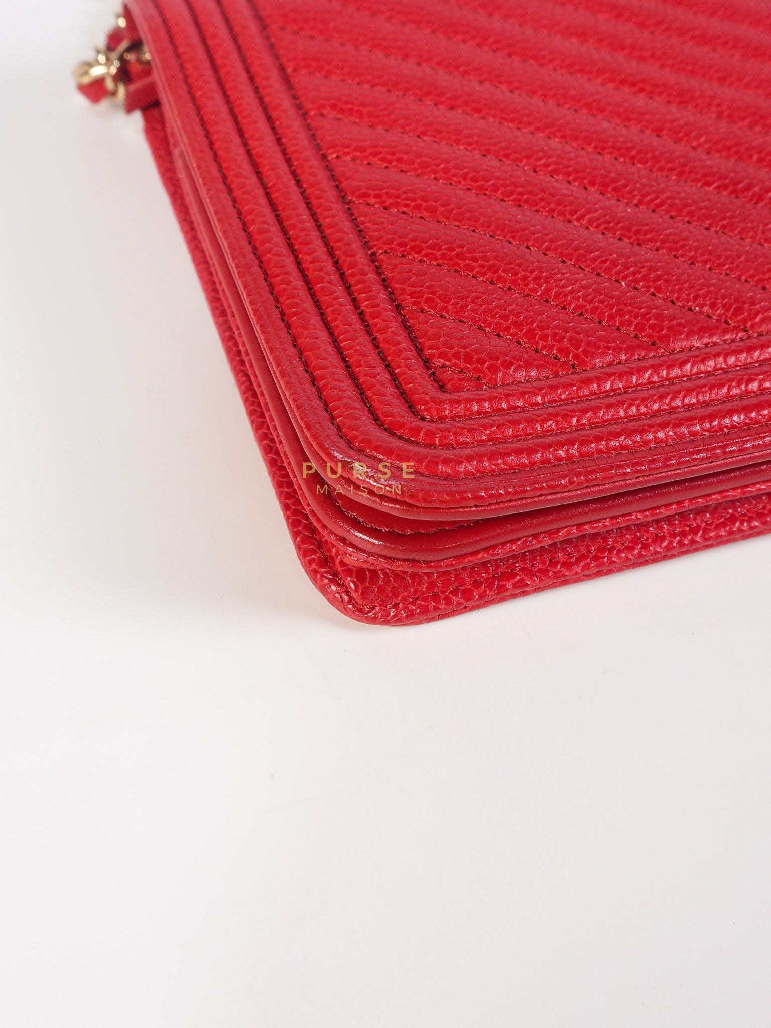 Boy Wallet on Chain in Red Chevron Caviar Leather & Light Gold Hardware Series 25 | Purse Maison Luxury Bags Shop