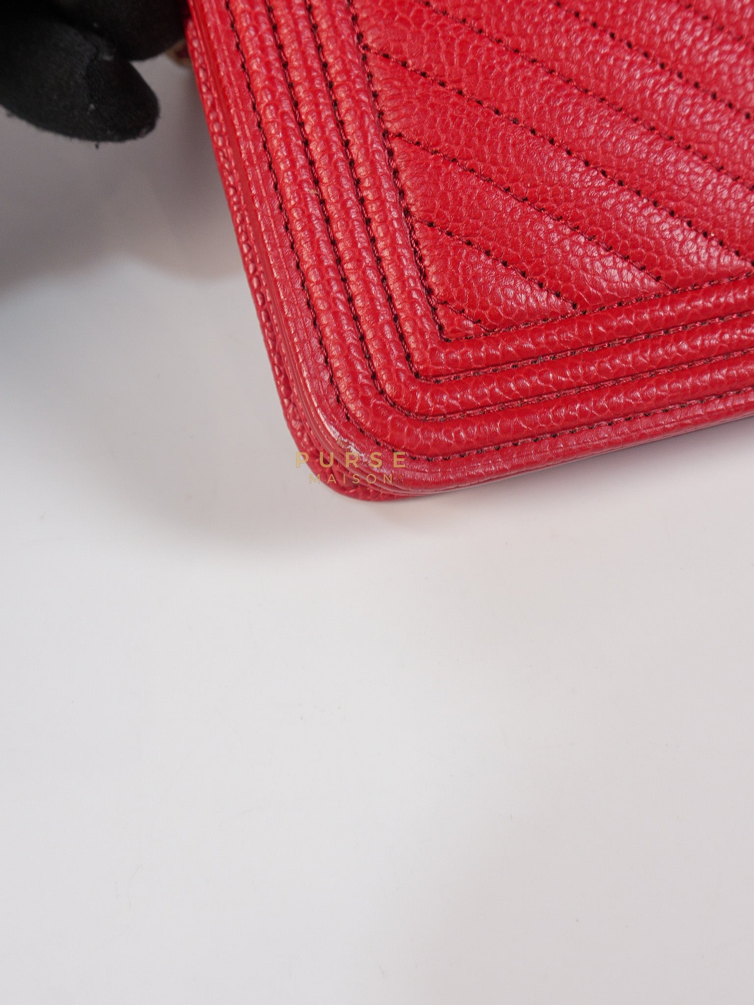 Boy Wallet on Chain in Red Chevron Caviar Leather & Light Gold Hardware Series 25 | Purse Maison Luxury Bags Shop