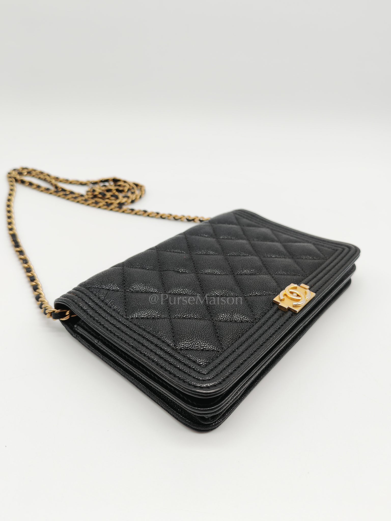 Boy Wallet On Chain (WOC) in Black Caviar Leather and Aged Gold Hardware Series 26 | Purse Maison Luxury Bags Shop