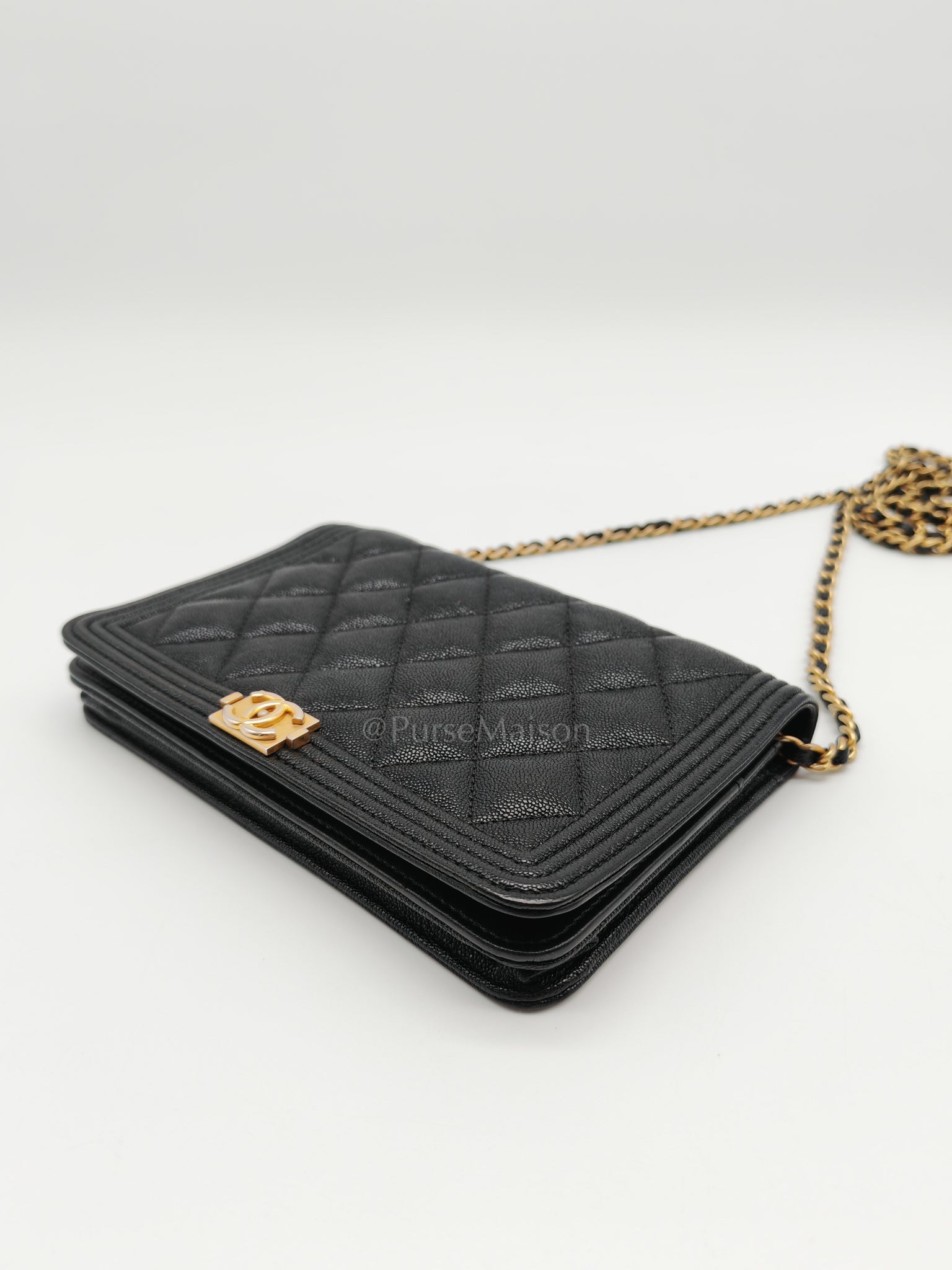 Boy Wallet On Chain (WOC) in Black Caviar Leather and Aged Gold Hardware Series 26 | Purse Maison Luxury Bags Shop
