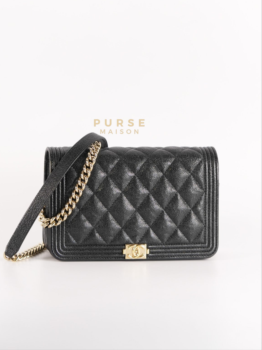Boy Wallet on Chain (WOC) in Black Caviar Leather & Light Gold Hardware Series 28 | Purse Maison Luxury Bags Shop