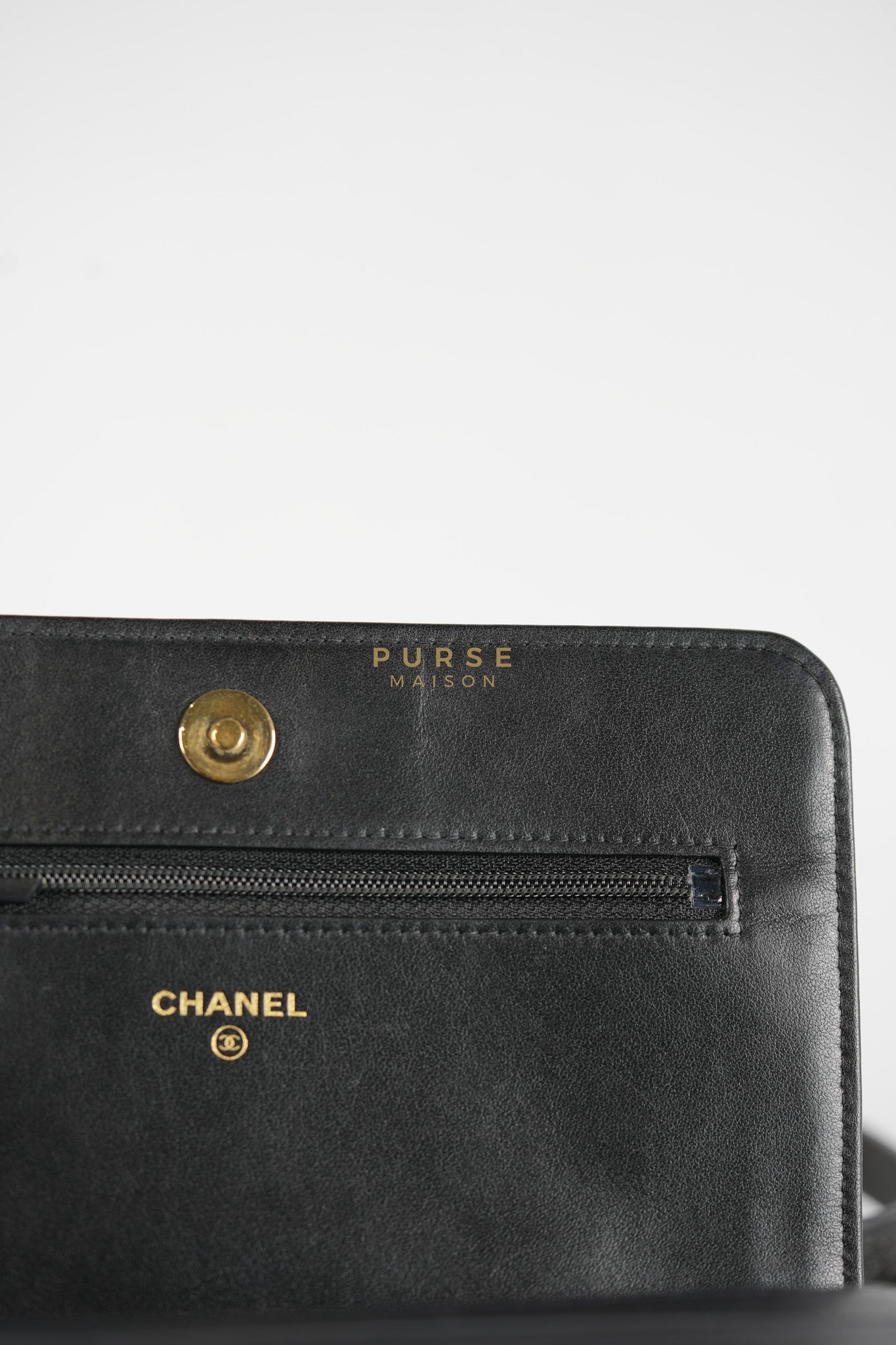 Boy Wallet on Chain (WOC) in Black Caviar Leather & Light Gold Hardware Series 28 | Purse Maison Luxury Bags Shop