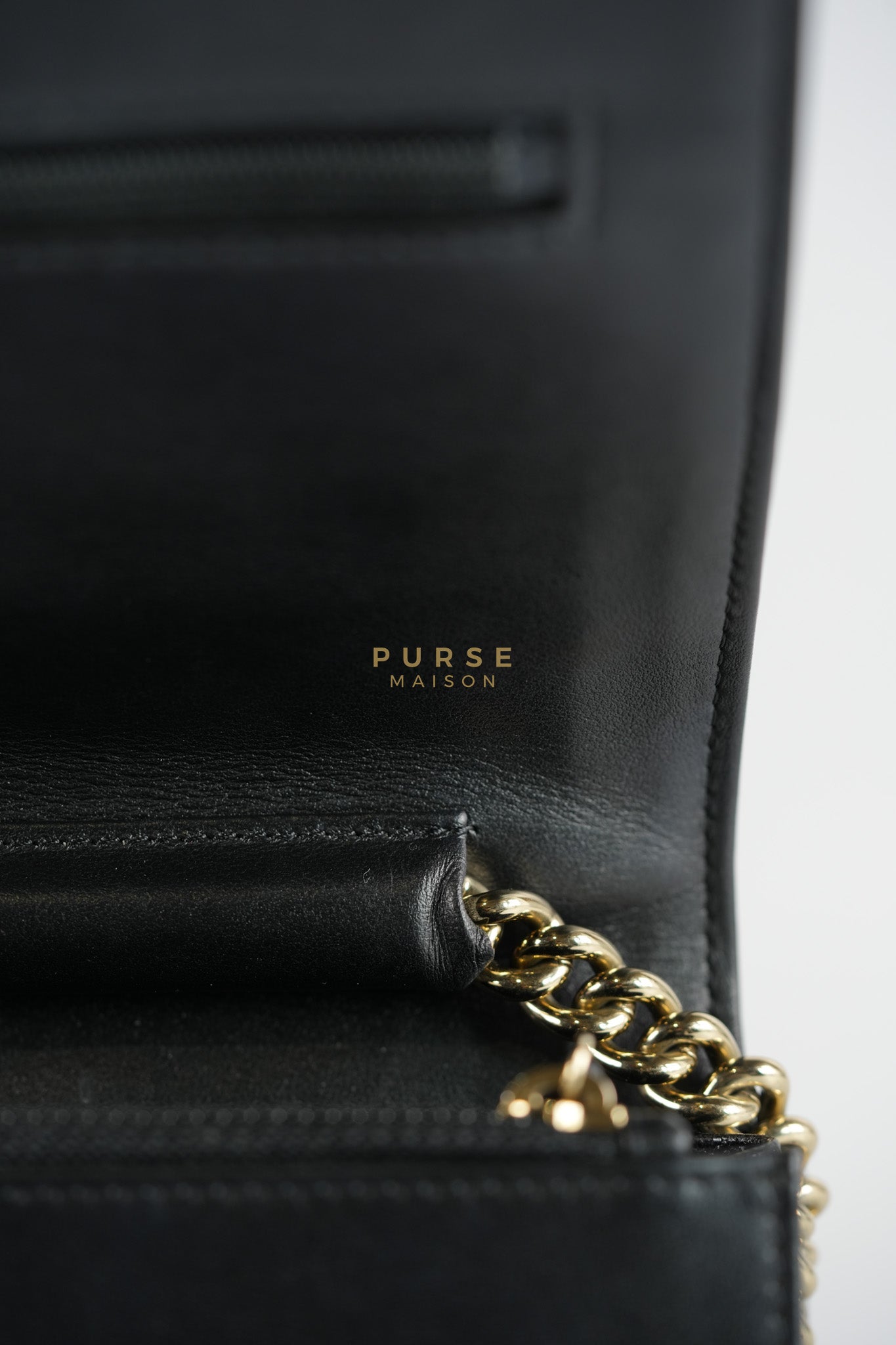 Boy Wallet on Chain (WOC) in Black Caviar Leather & Light Gold Hardware Series 28 | Purse Maison Luxury Bags Shop