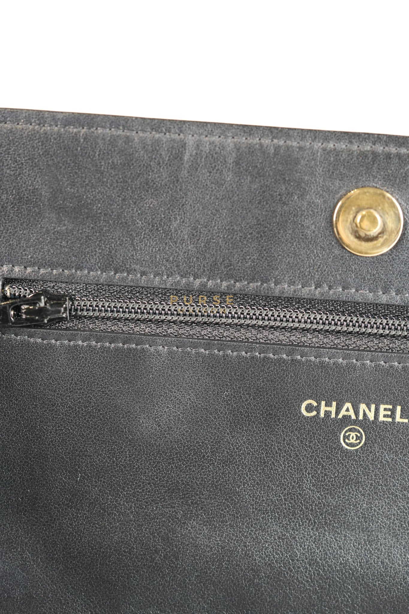 Boy Wallet on Chain (WOC) in Black Caviar Leather & Light Gold Hardware Series 28 | Purse Maison Luxury Bags Shop