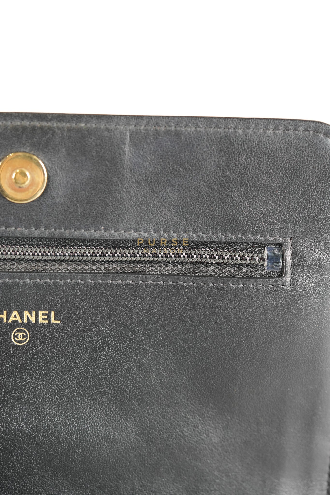 Boy Wallet on Chain (WOC) in Black Caviar Leather & Light Gold Hardware Series 28 | Purse Maison Luxury Bags Shop