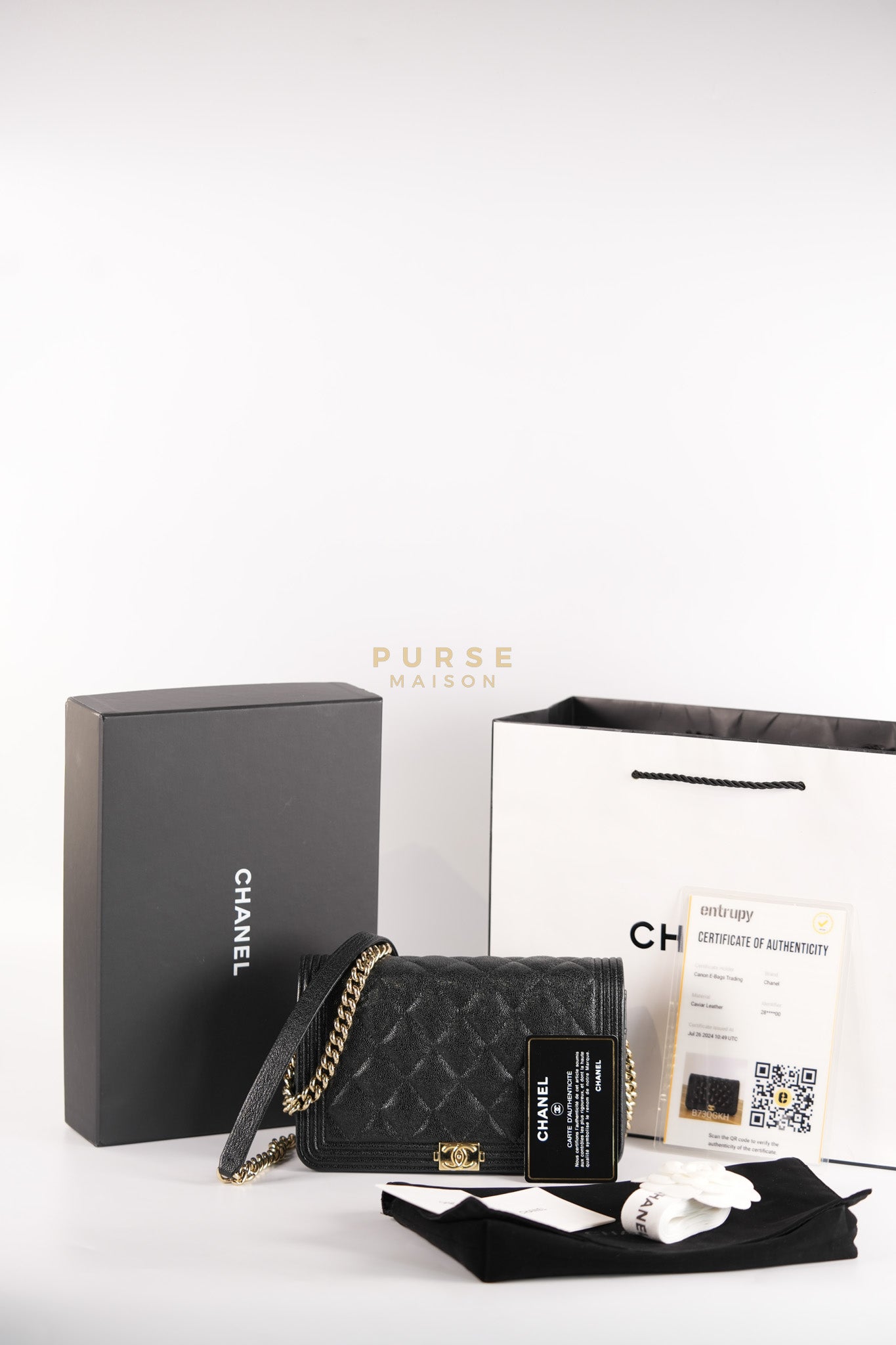 Boy Wallet on Chain (WOC) in Black Caviar Leather & Light Gold Hardware Series 28 | Purse Maison Luxury Bags Shop