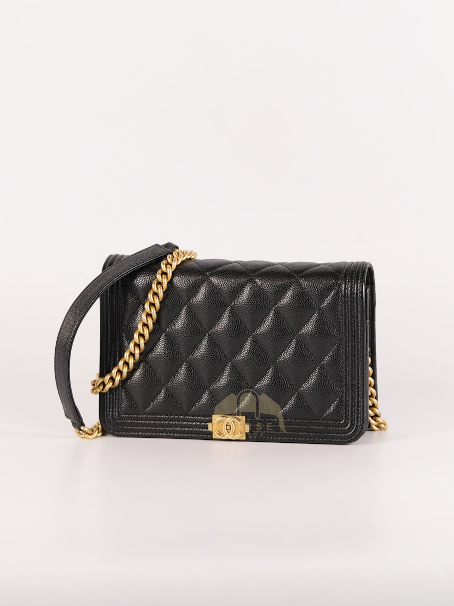 Boy Wallet On Chain (WOC) in Black Quilted Caviar Leather and Aged Gold Hardware Series 29 | Purse Maison Luxury Bags Shop