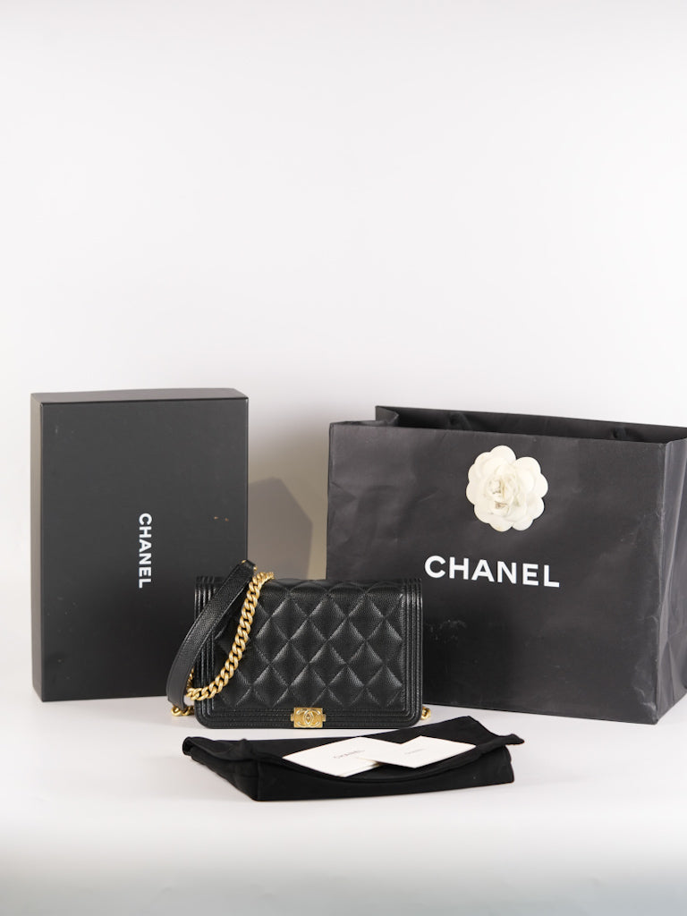 Boy Wallet On Chain (WOC) in Black Quilted Caviar Leather and Aged Gold Hardware Series 29 | Purse Maison Luxury Bags Shop
