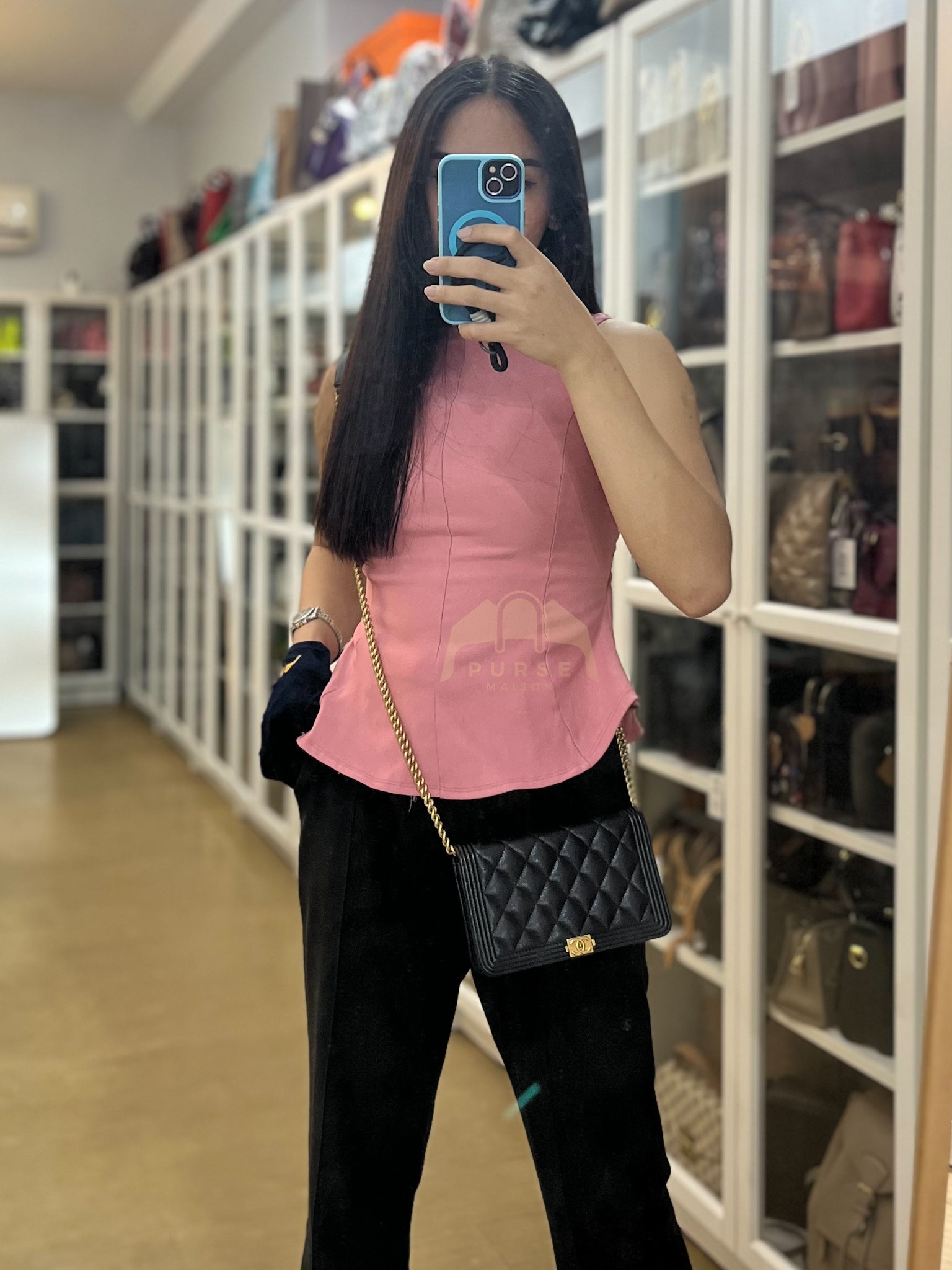 Boy Wallet On Chain (WOC) in Black Quilted Caviar Leather and Aged Gold Hardware Series 29 | Purse Maison Luxury Bags Shop