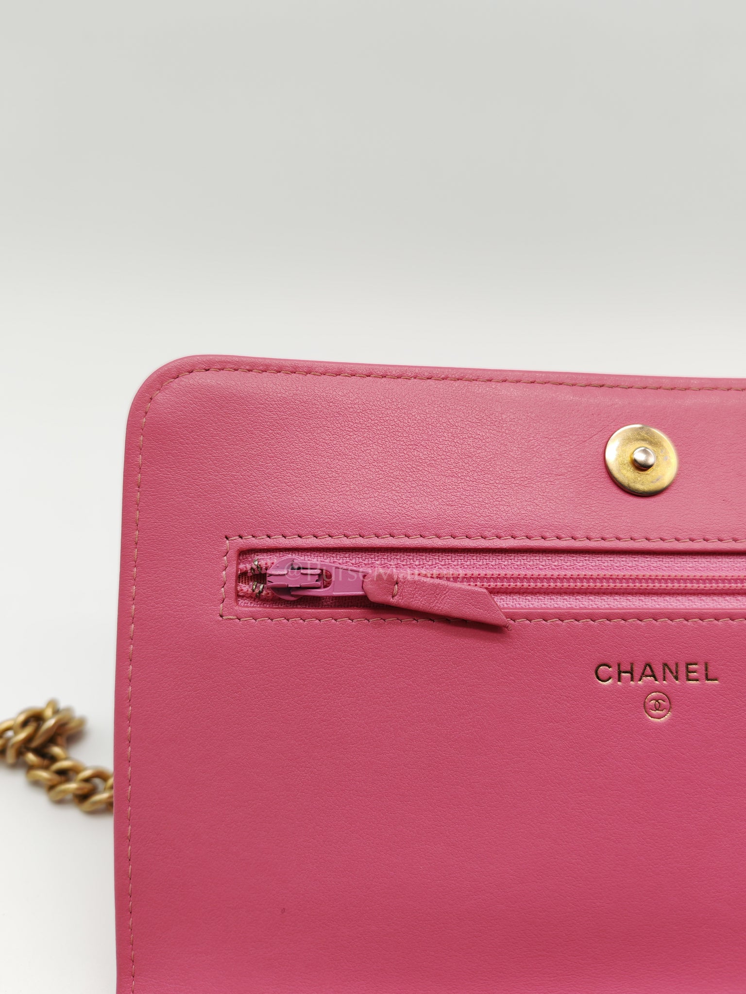 Boy Wallet On Chain (WOC) in Pink Calfskin Leather and Aged Gold Hardware Series 26 | Purse Maison Luxury Bags Shop