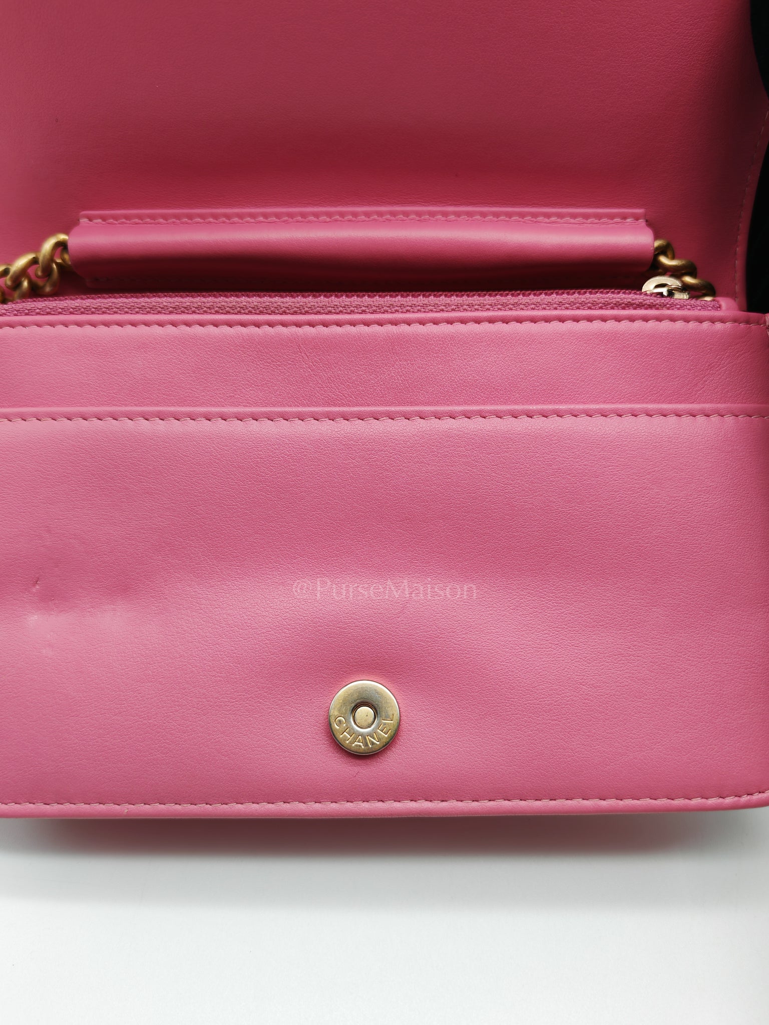 Boy Wallet On Chain (WOC) in Pink Calfskin Leather and Aged Gold Hardware Series 26 | Purse Maison Luxury Bags Shop