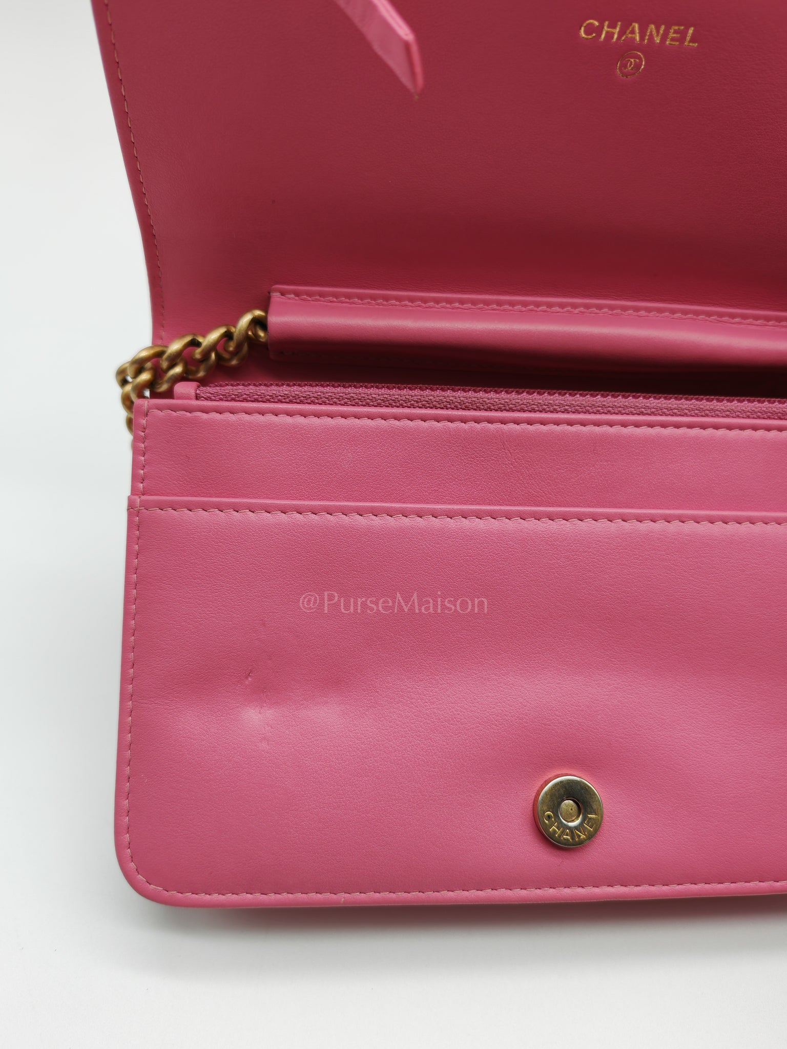 Boy Wallet On Chain (WOC) in Pink Calfskin Leather and Aged Gold Hardware Series 26 | Purse Maison Luxury Bags Shop