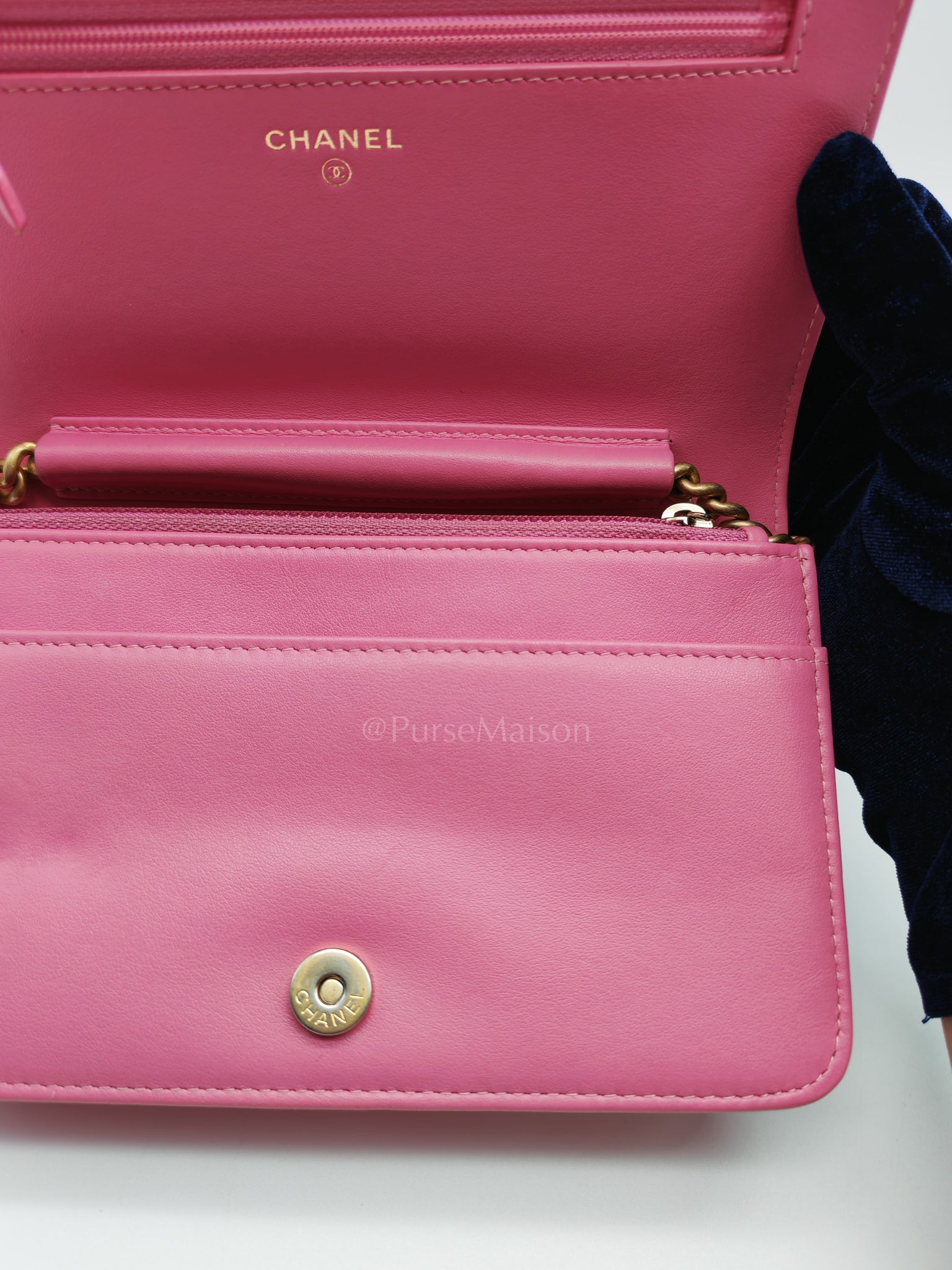Boy Wallet On Chain (WOC) in Pink Calfskin Leather and Aged Gold Hardware Series 26 | Purse Maison Luxury Bags Shop